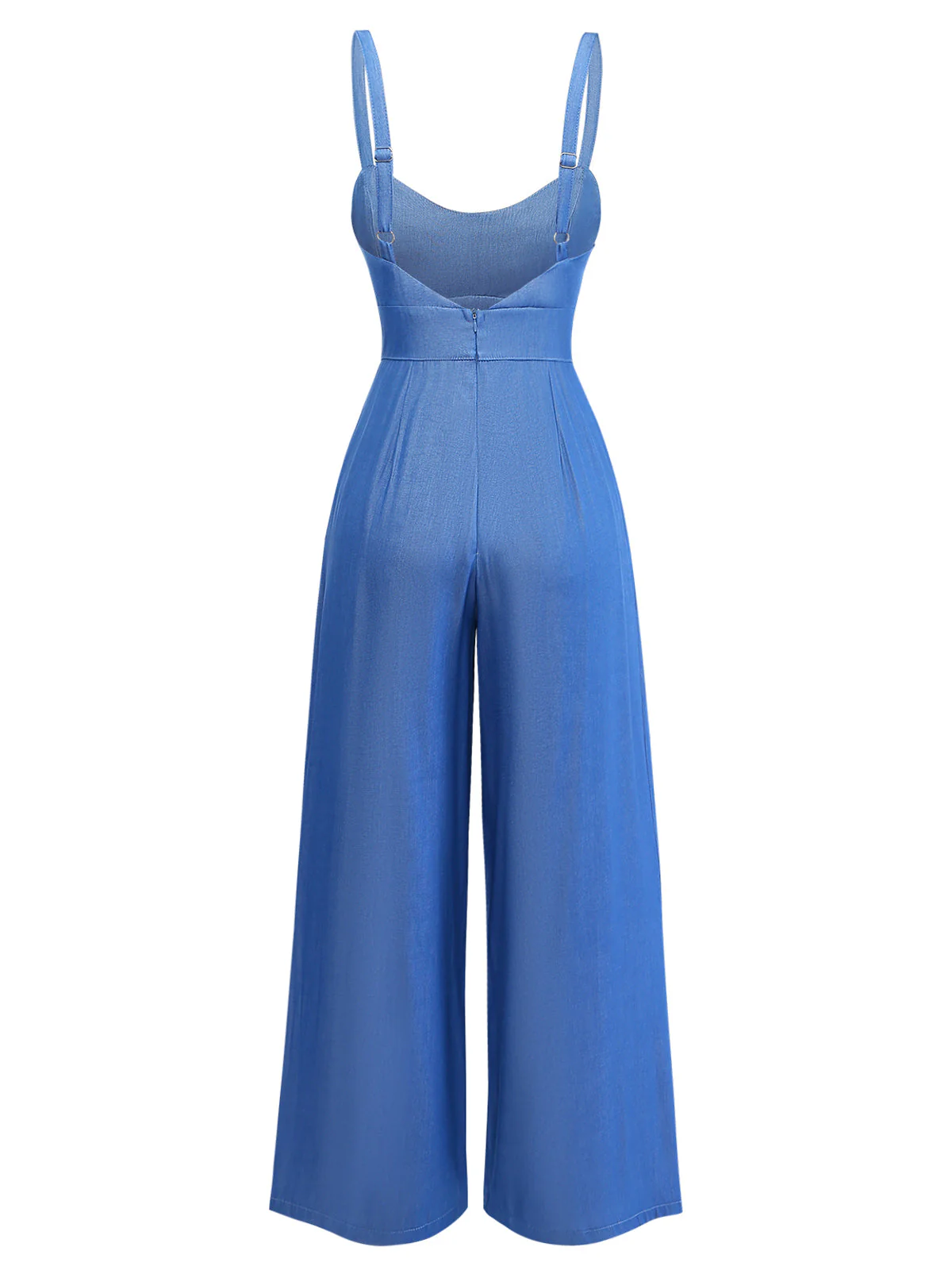 Blue 1950s Denim Spaghetti Strap Ruched Jumpsuit - Image 3