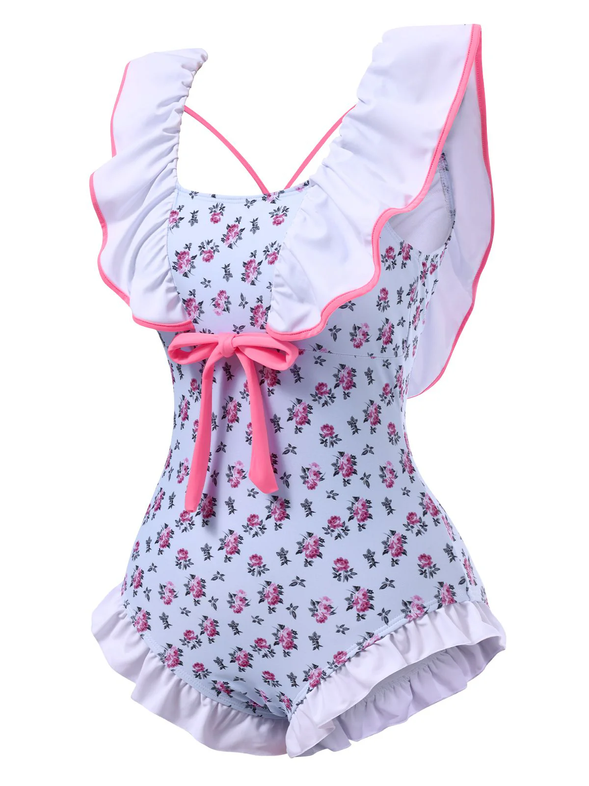 Blue 1950s Ditsy Floral Bow Ruffled Swimsuit - Image 2