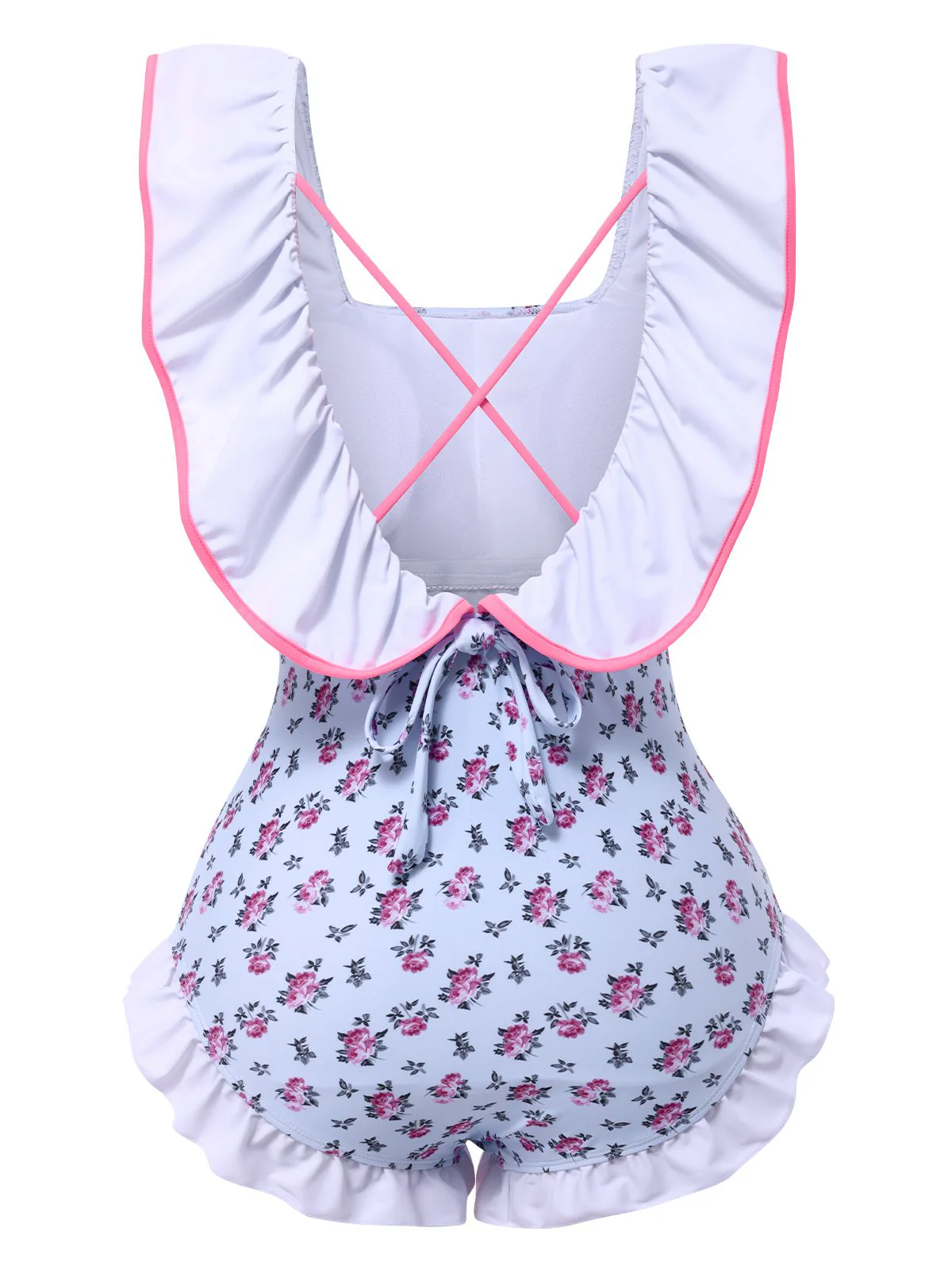 Blue 1950s Ditsy Floral Bow Ruffled Swimsuit - Image 3