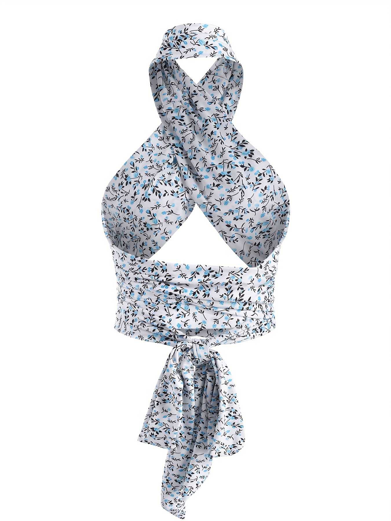 Blue 1950s Ditsy Floral Lace-Up Crop Camisole - Image 2