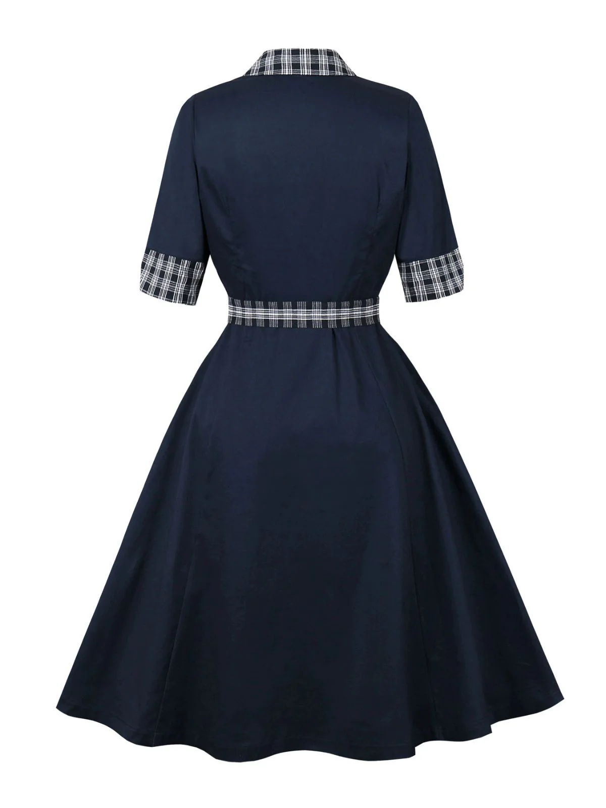 Blue 1950s Double Breasted Plaid Lapel Belted Dress - Image 2