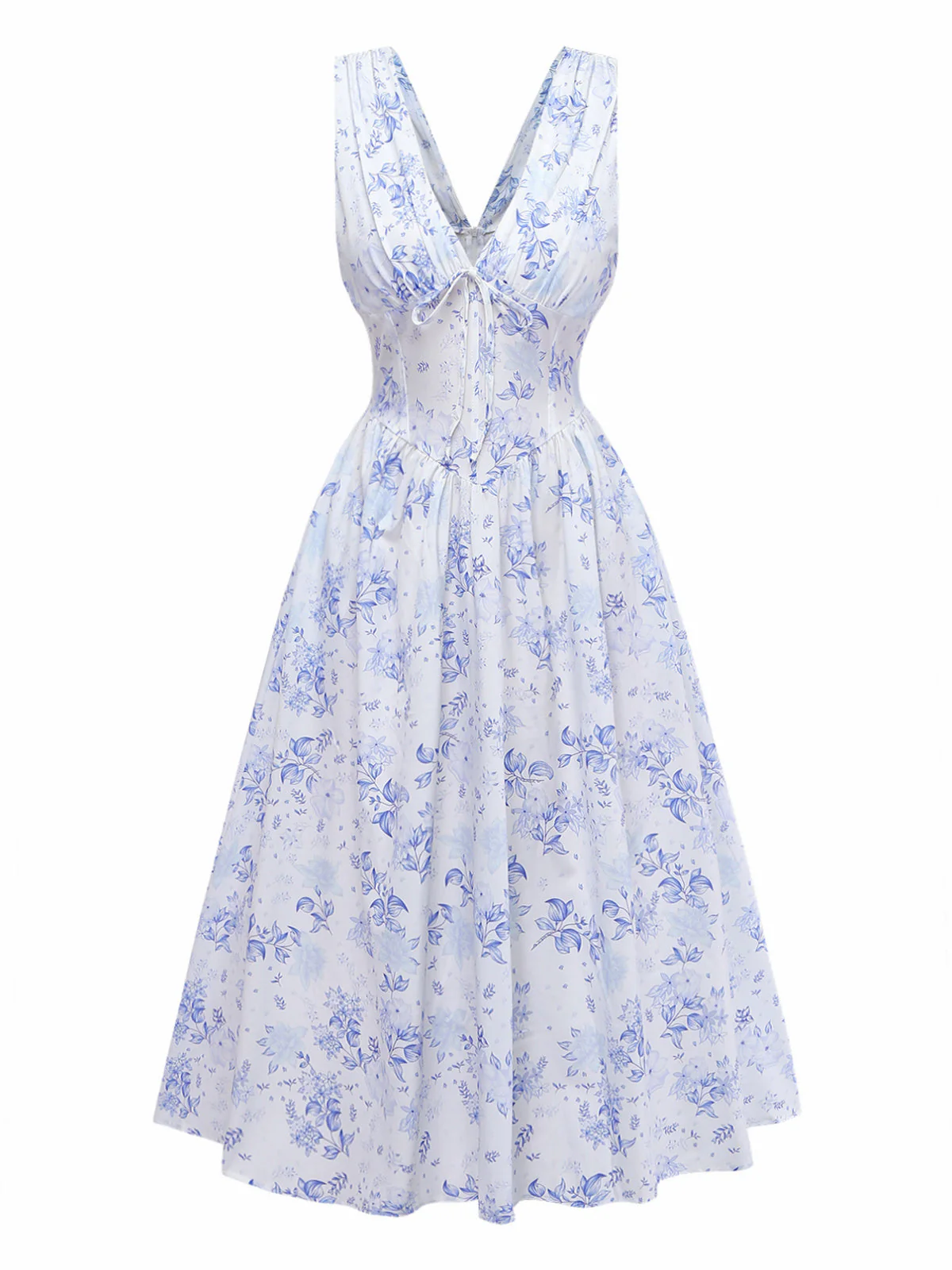 Blue 1950s Floral Deep V Sleeveless Corset Midi Dress - Image 2