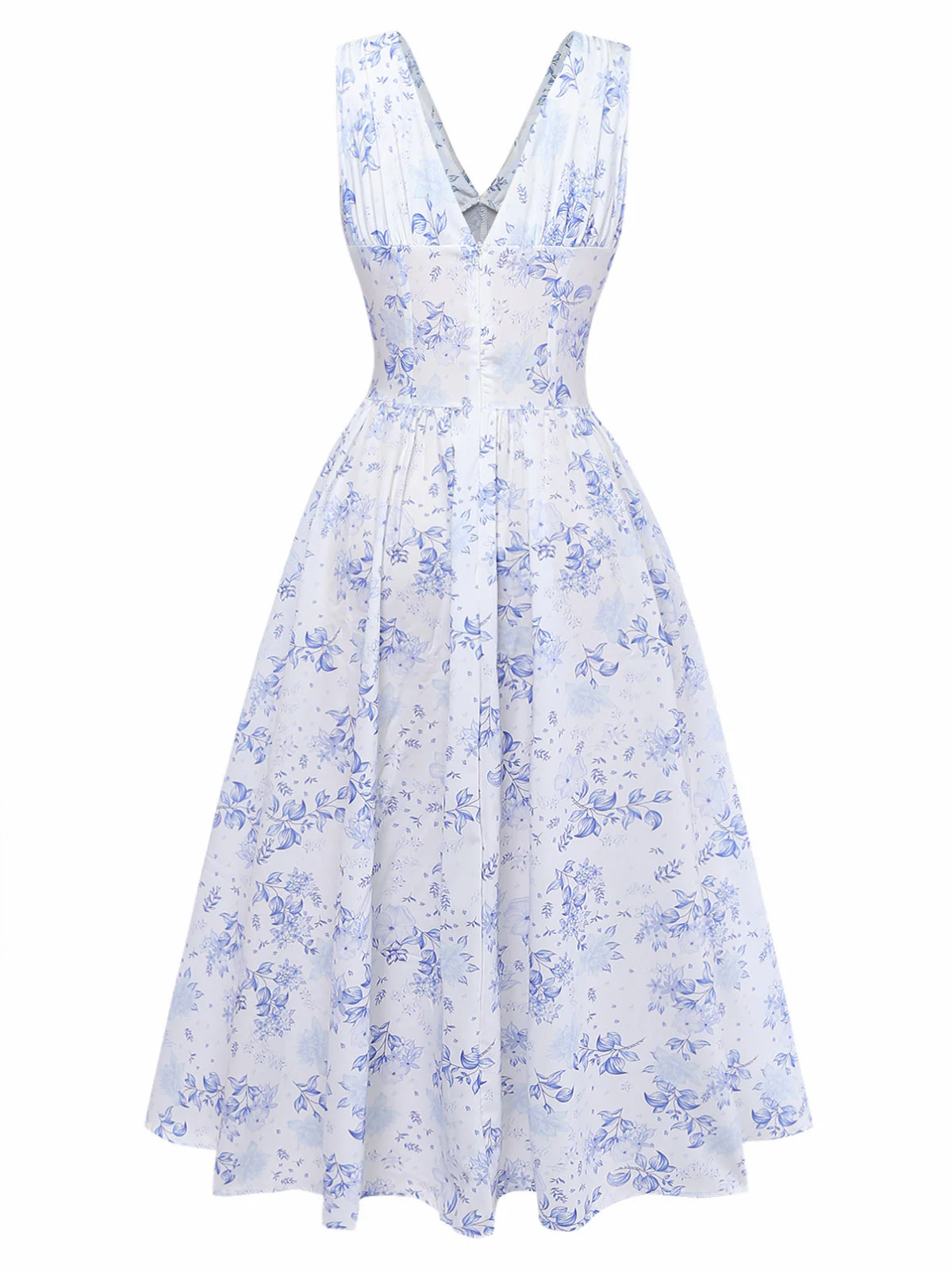 Blue 1950s Floral Deep V Sleeveless Corset Midi Dress - Image 3