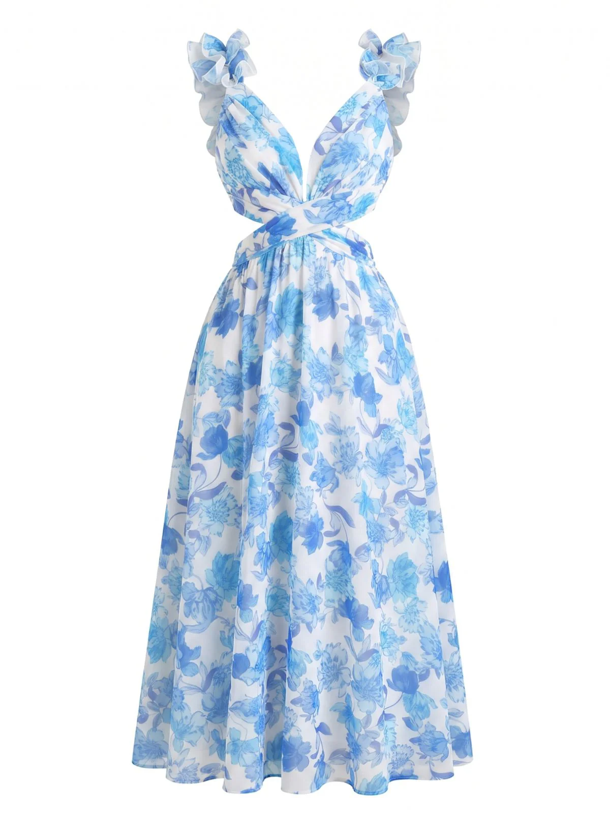 Blue 1950s Floral Print Ruffle Straps Cutout Maxi Dress - Image 2