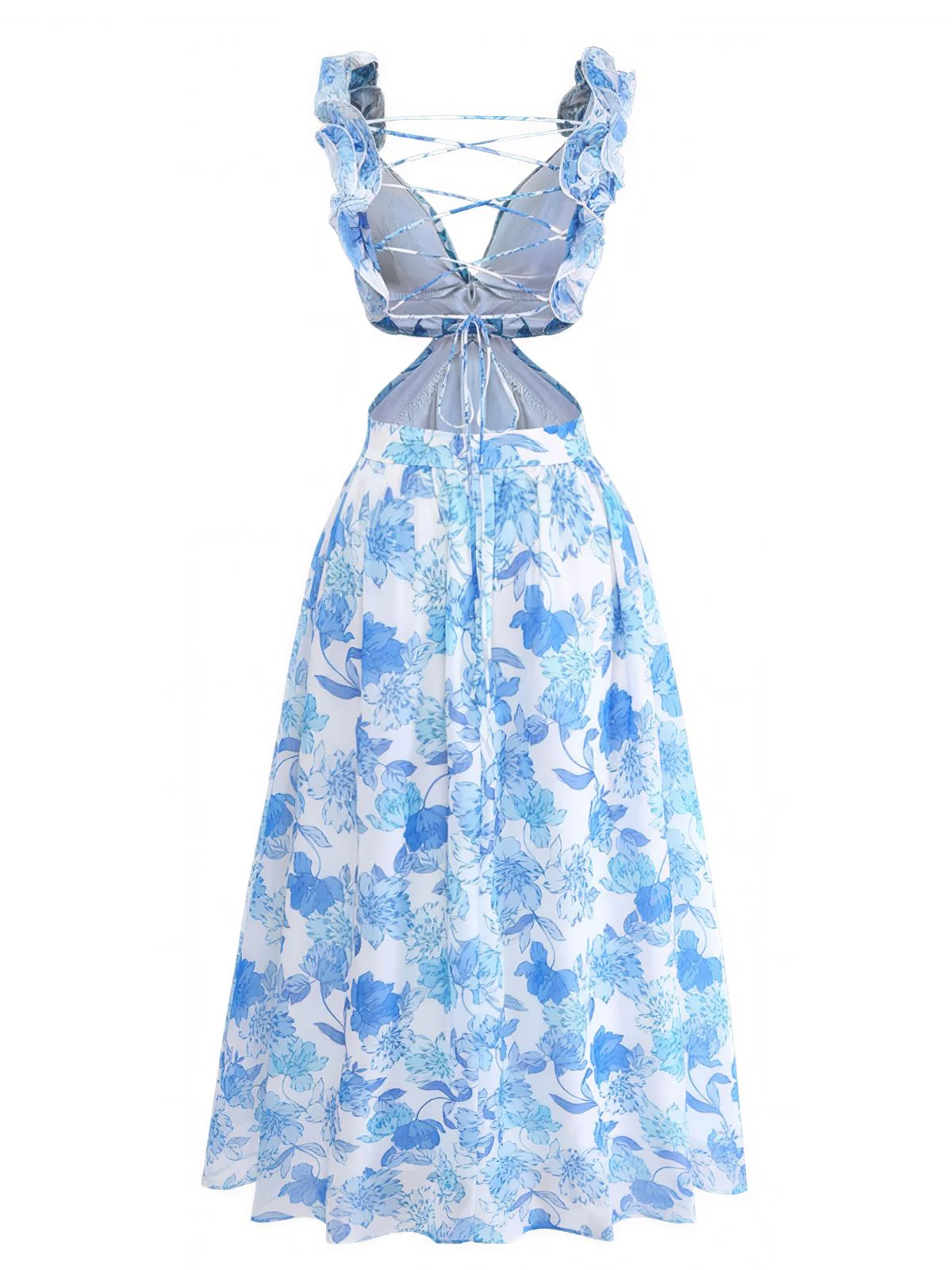 Blue 1950s Floral Print Ruffle Straps Cutout Maxi Dress - Image 3