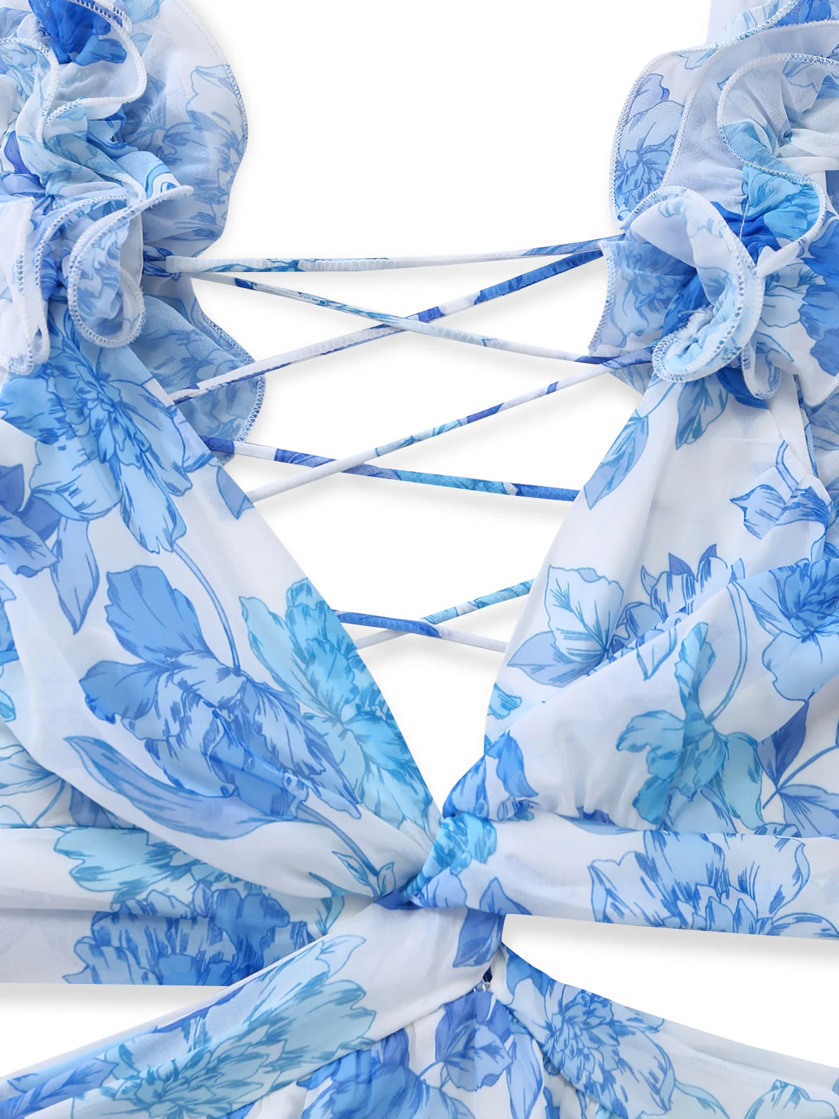 Blue 1950s Floral Print Ruffle Straps Cutout Maxi Dress - Image 5
