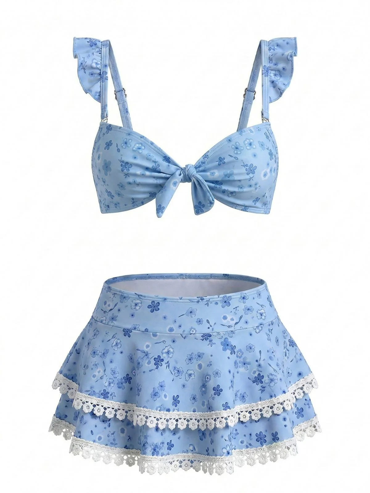 Blue 1950s Floral Ruffle Strap Lace-Trim Bikini Set - Image 3