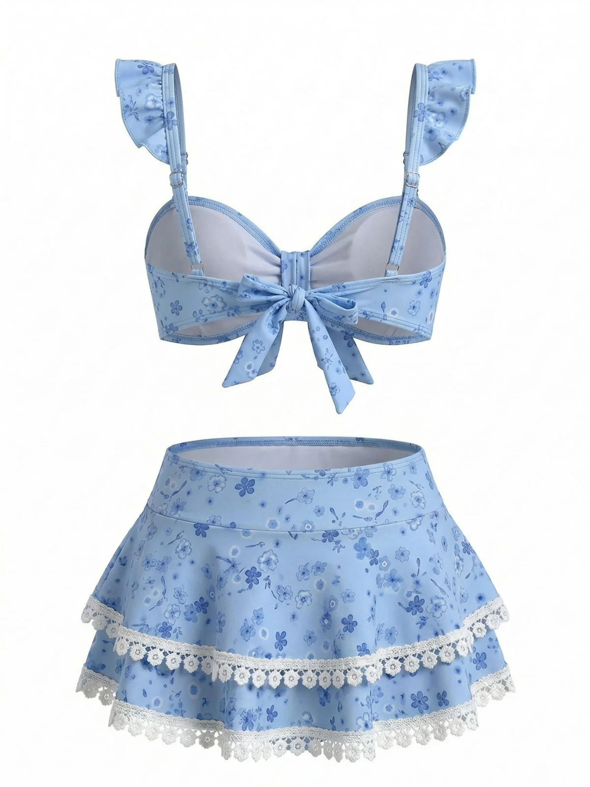 Blue 1950s Floral Ruffle Strap Lace-Trim Bikini Set - Image 4