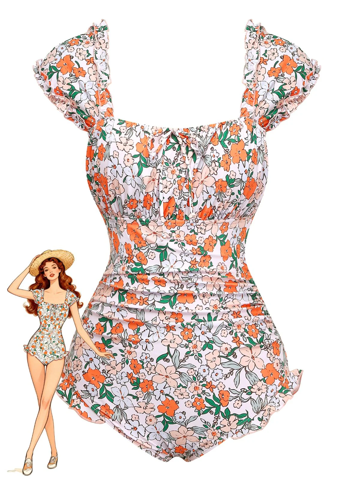 Blue 1950s Floral Ruffled Cap Sleeve One-Piece Swimsuit - Image 5