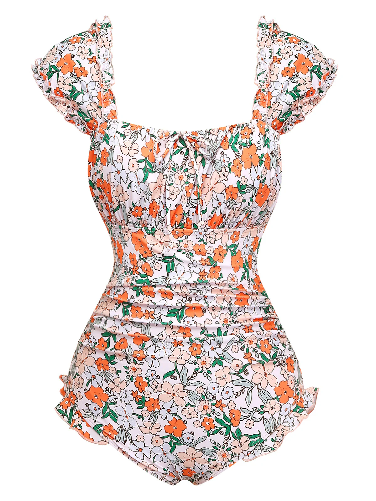 Blue 1950s Floral Ruffled Cap Sleeve One-Piece Swimsuit - Image 6