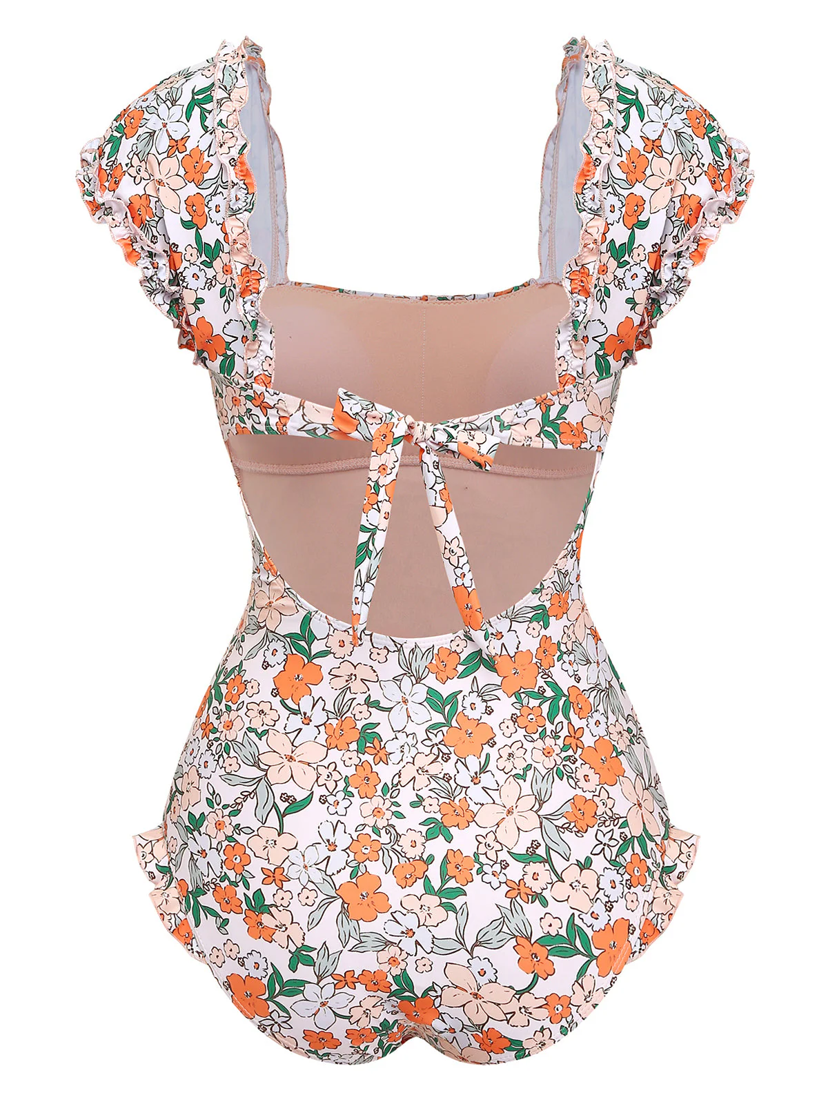 Blue 1950s Floral Ruffled Cap Sleeve One-Piece Swimsuit - Image 7