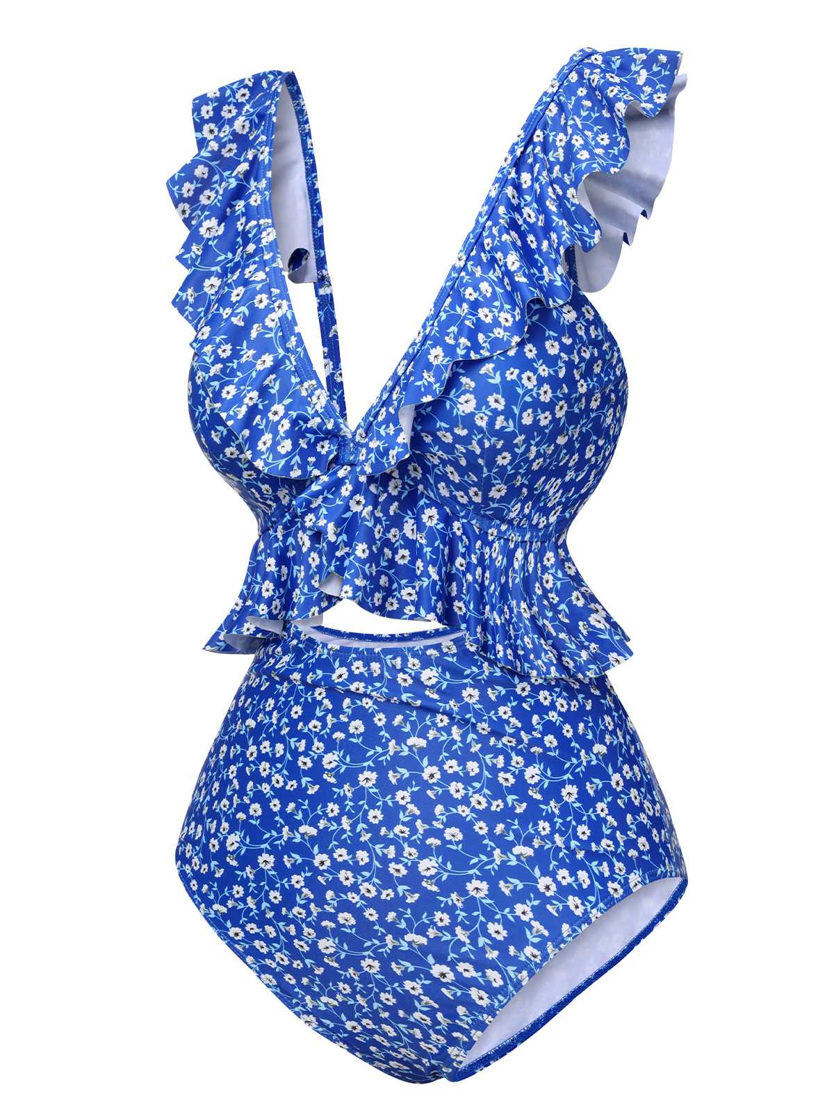 Blue 1950s Floral Ruffles One-Piece Swimsuit - Image 2