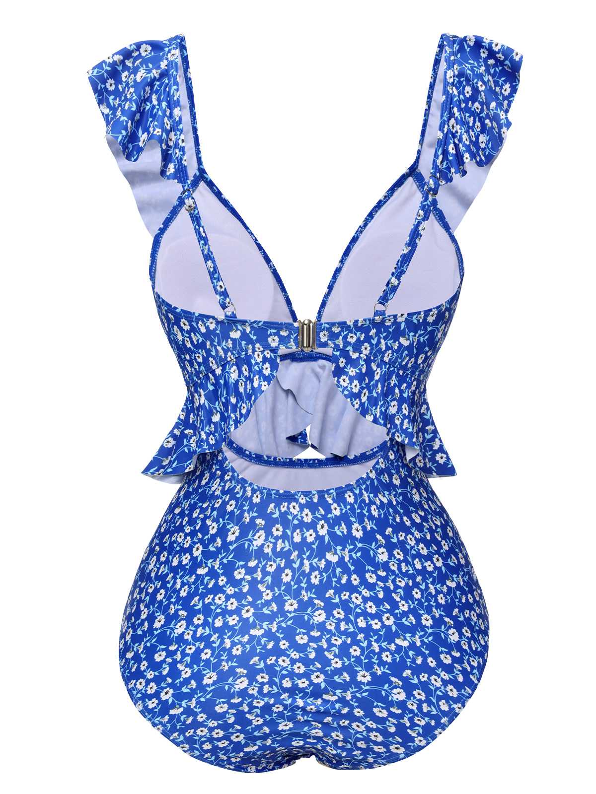 Blue 1950s Floral Ruffles One-Piece Swimsuit - Image 3
