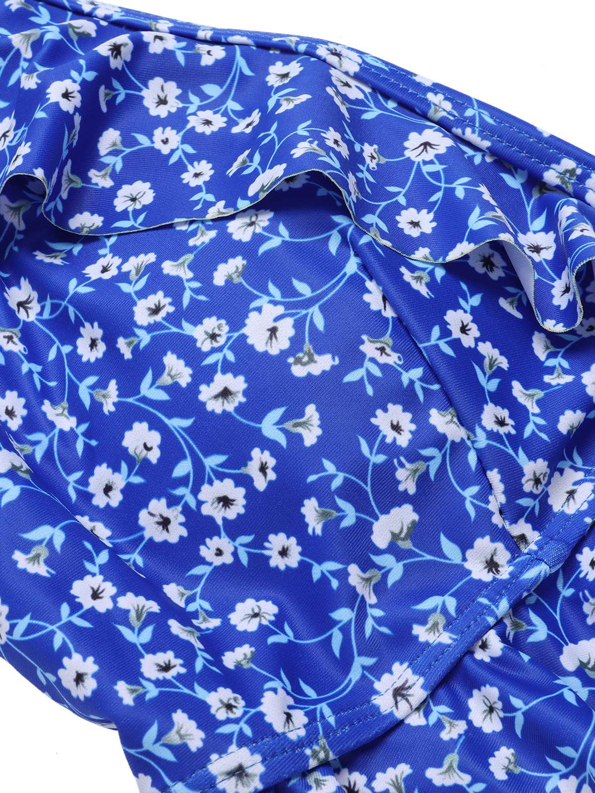 Blue 1950s Floral Ruffles One-Piece Swimsuit - Image 4