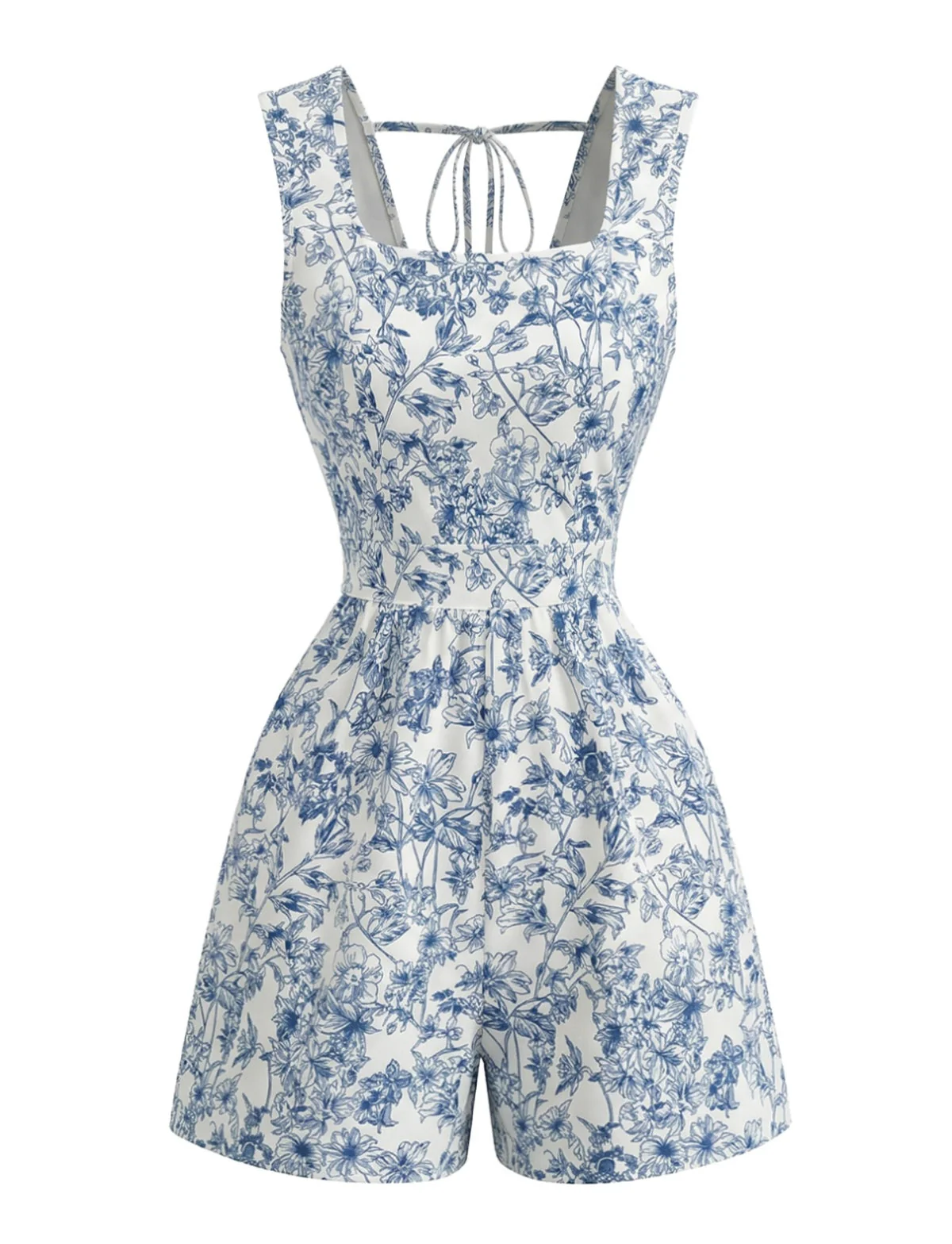 Blue 1950s Floral Square Neck Sleeveless Romper - Image 2