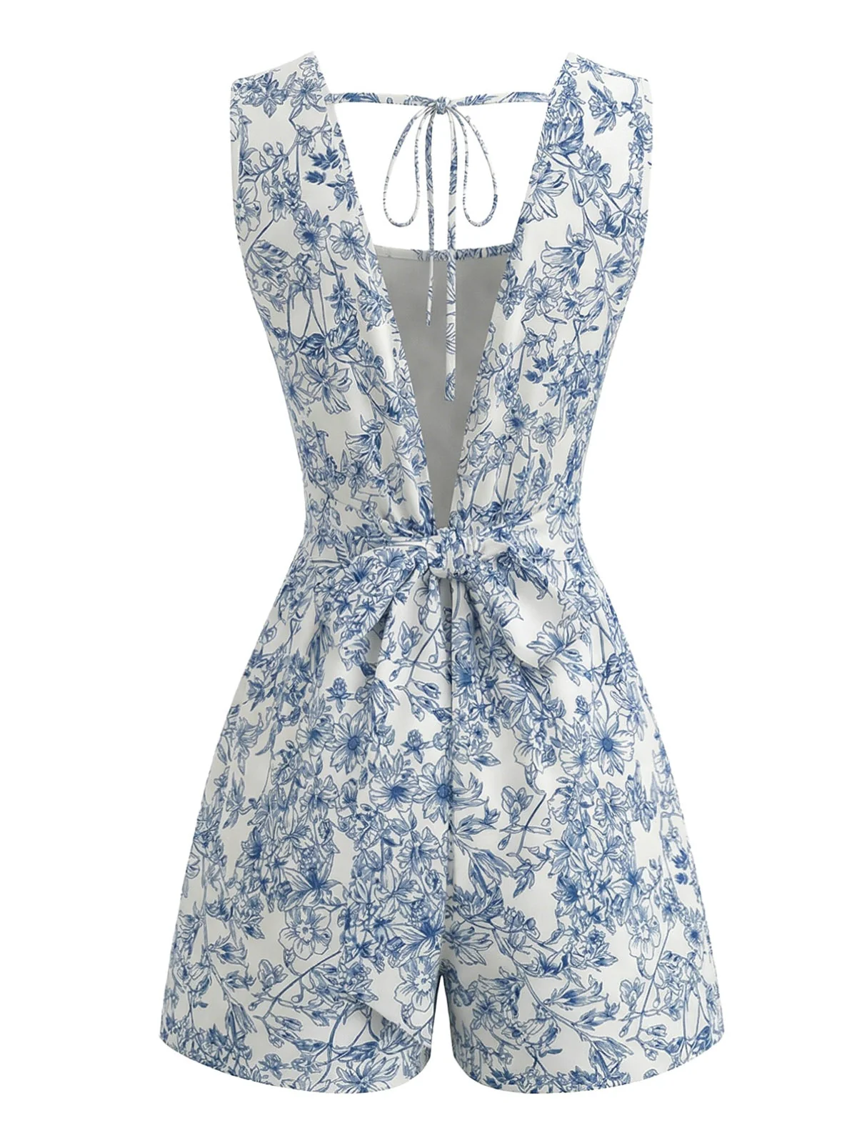 Blue 1950s Floral Square Neck Sleeveless Romper - Image 3