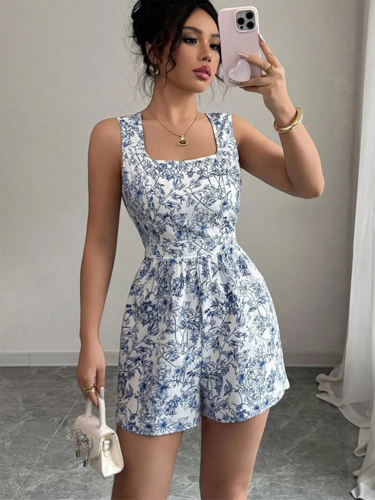 Blue 1950s Floral Square Neck Sleeveless Romper - Image 5