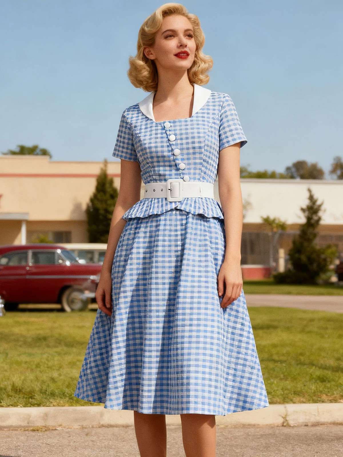 Blue 1950s Gingham Plaid Ruffle Swing Dress - Image 2