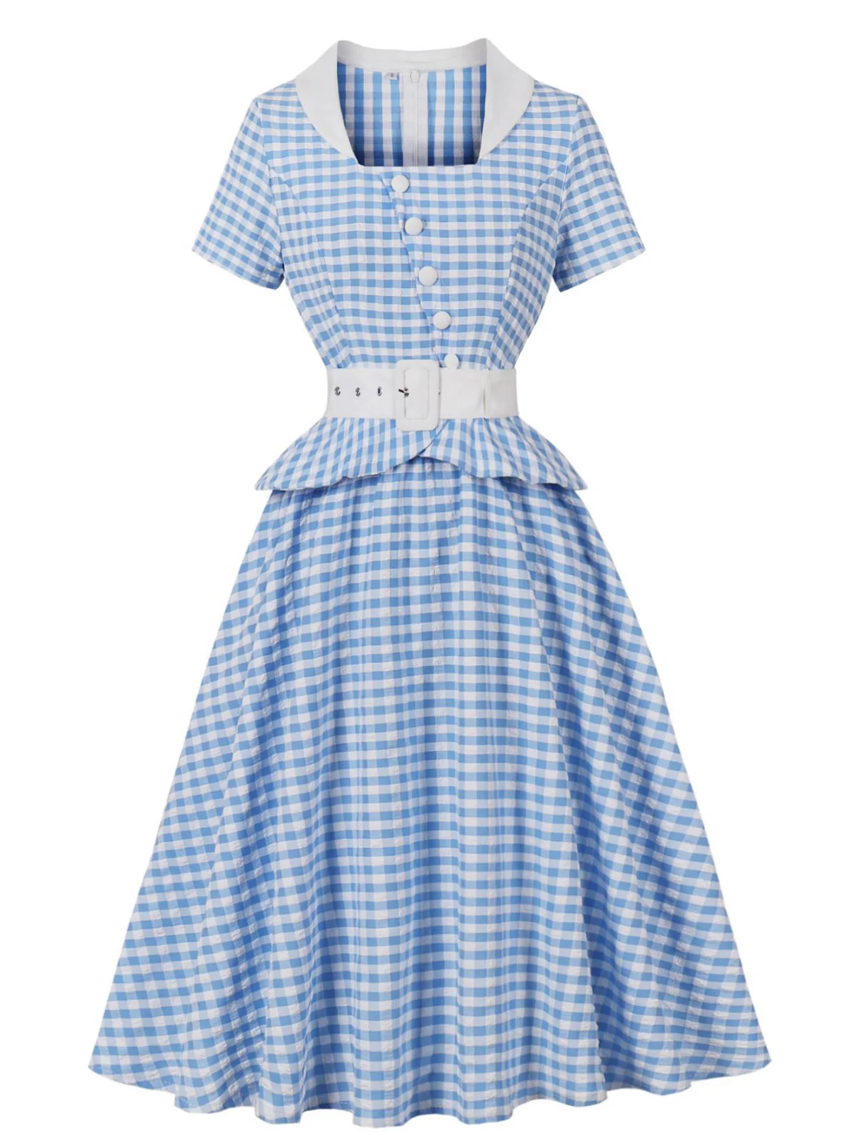 Blue 1950s Gingham Plaid Ruffle Swing Dress - Image 3