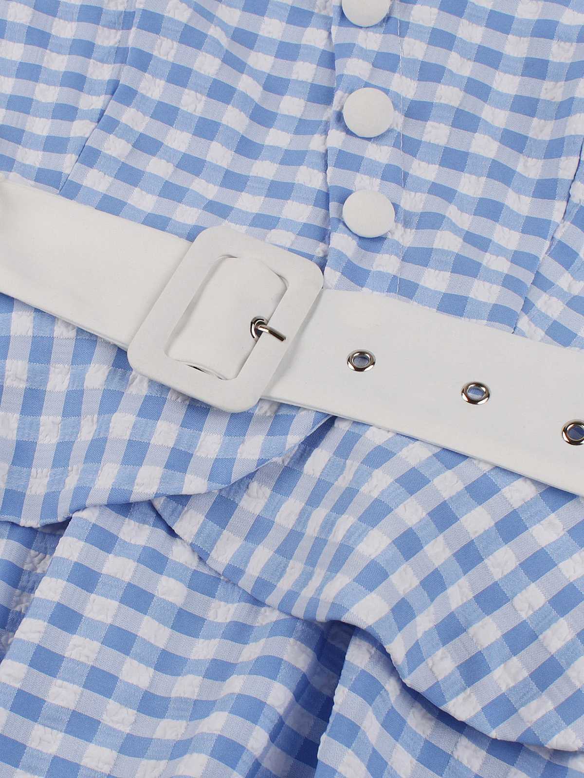 Blue 1950s Gingham Plaid Ruffle Swing Dress - Image 7