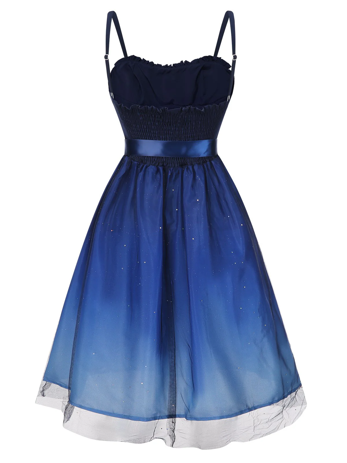 Blue 1950s Gradient Mesh Waist Smocked Dress - Image 2