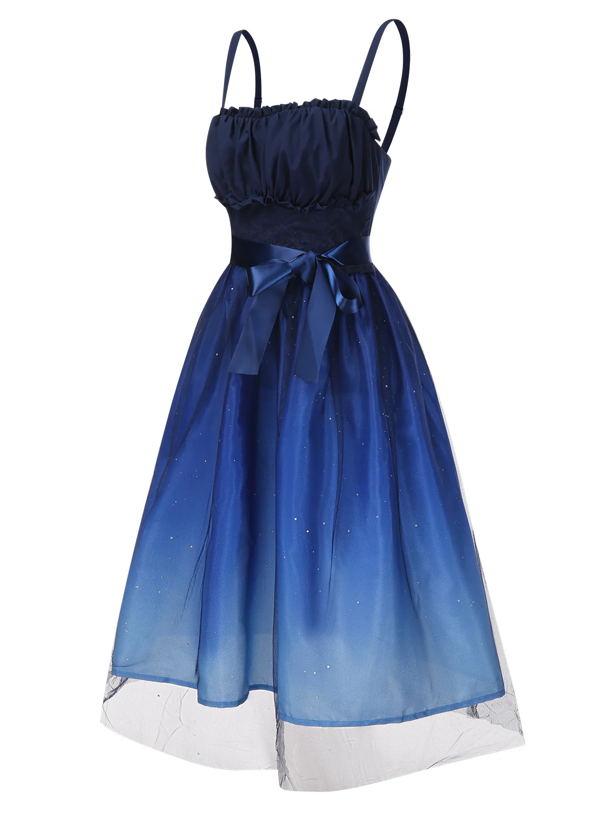 Blue 1950s Gradient Mesh Waist Smocked Dress - Image 3