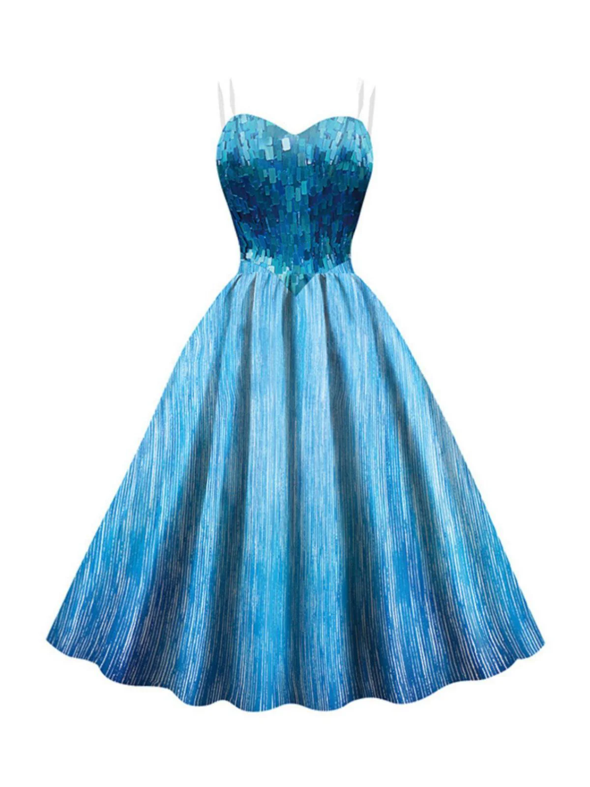 Blue 1950s Halloween Elsa Sequined Snowflake Spaghetti Strap Dress - Image 3