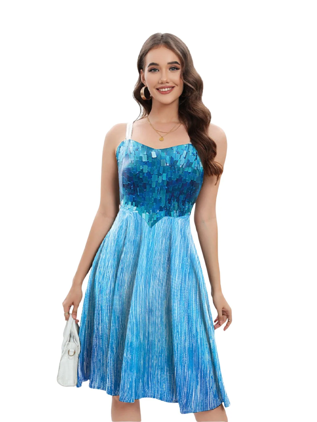 Blue 1950s Halloween Elsa Sequined Snowflake Spaghetti Strap Dress - Image 4