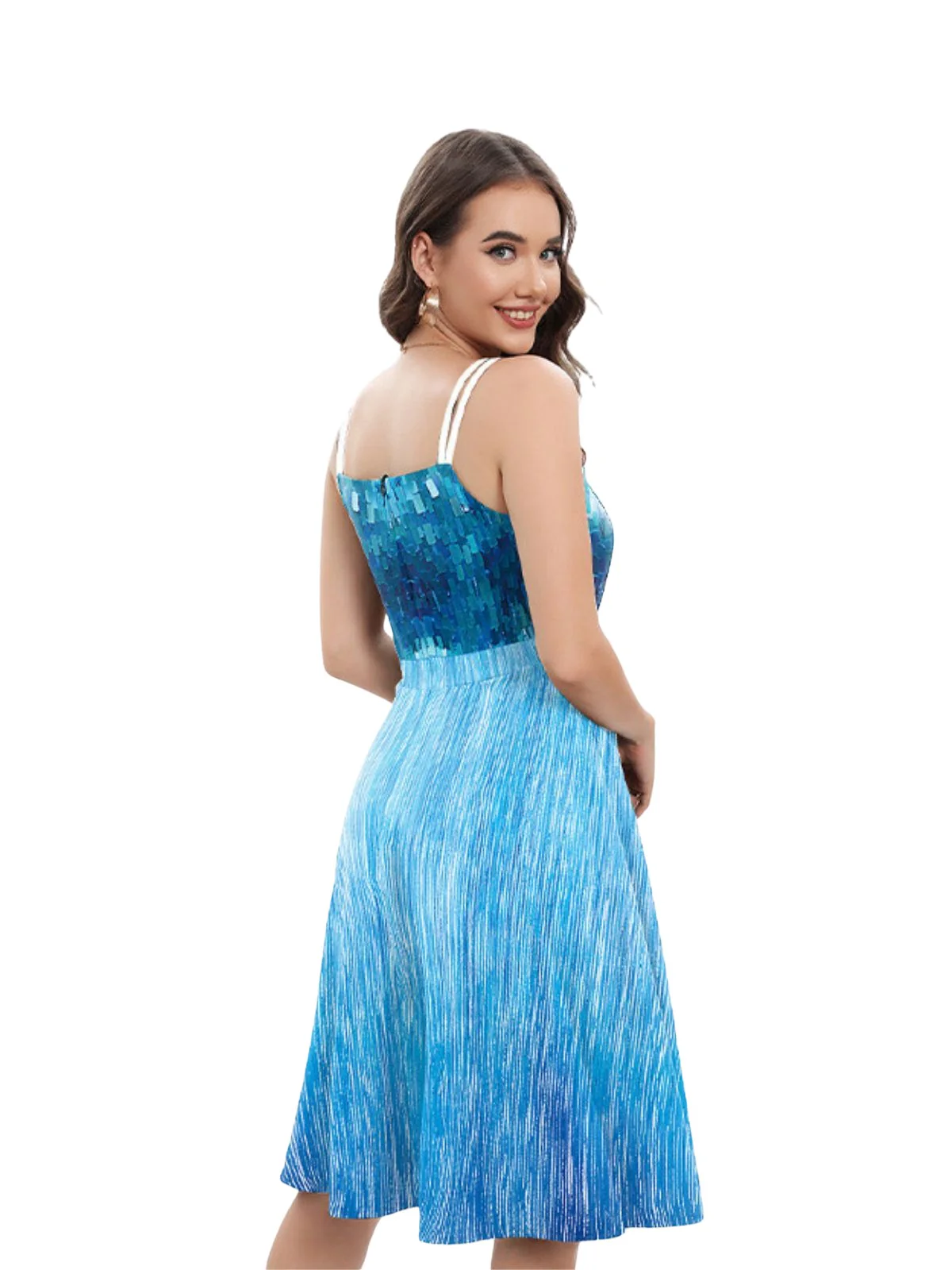 Blue 1950s Halloween Elsa Sequined Snowflake Spaghetti Strap Dress - Image 5