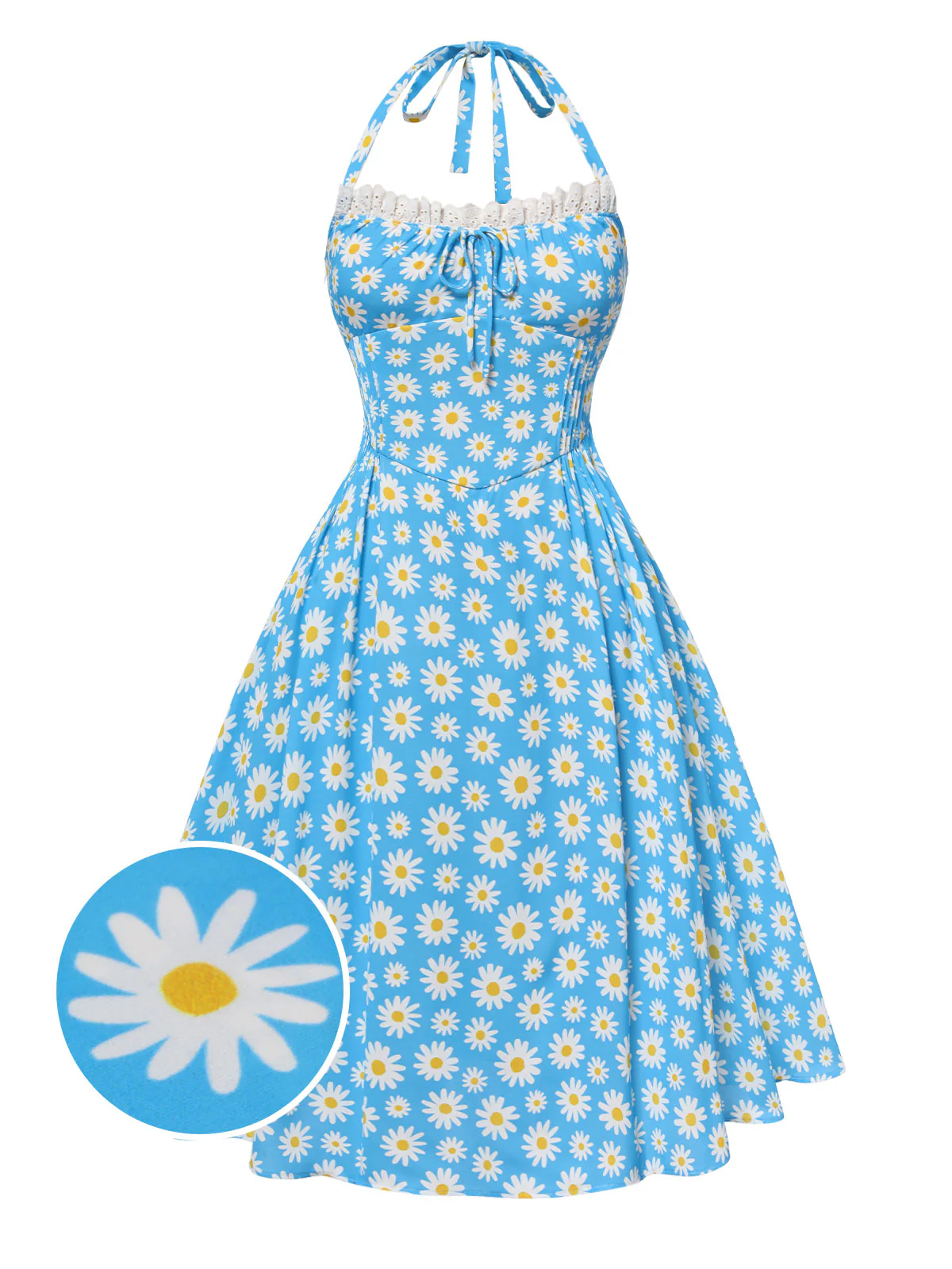 Blue 1950s Halter Lace Daisy Dress - Image 2