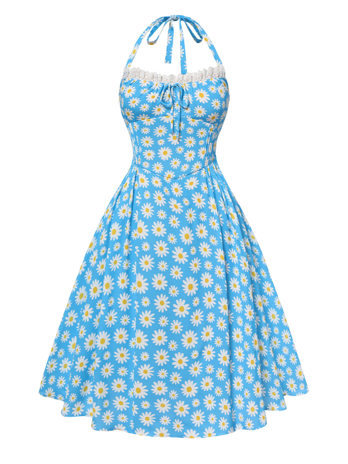 Blue 1950s Halter Lace Daisy Dress - Image 3