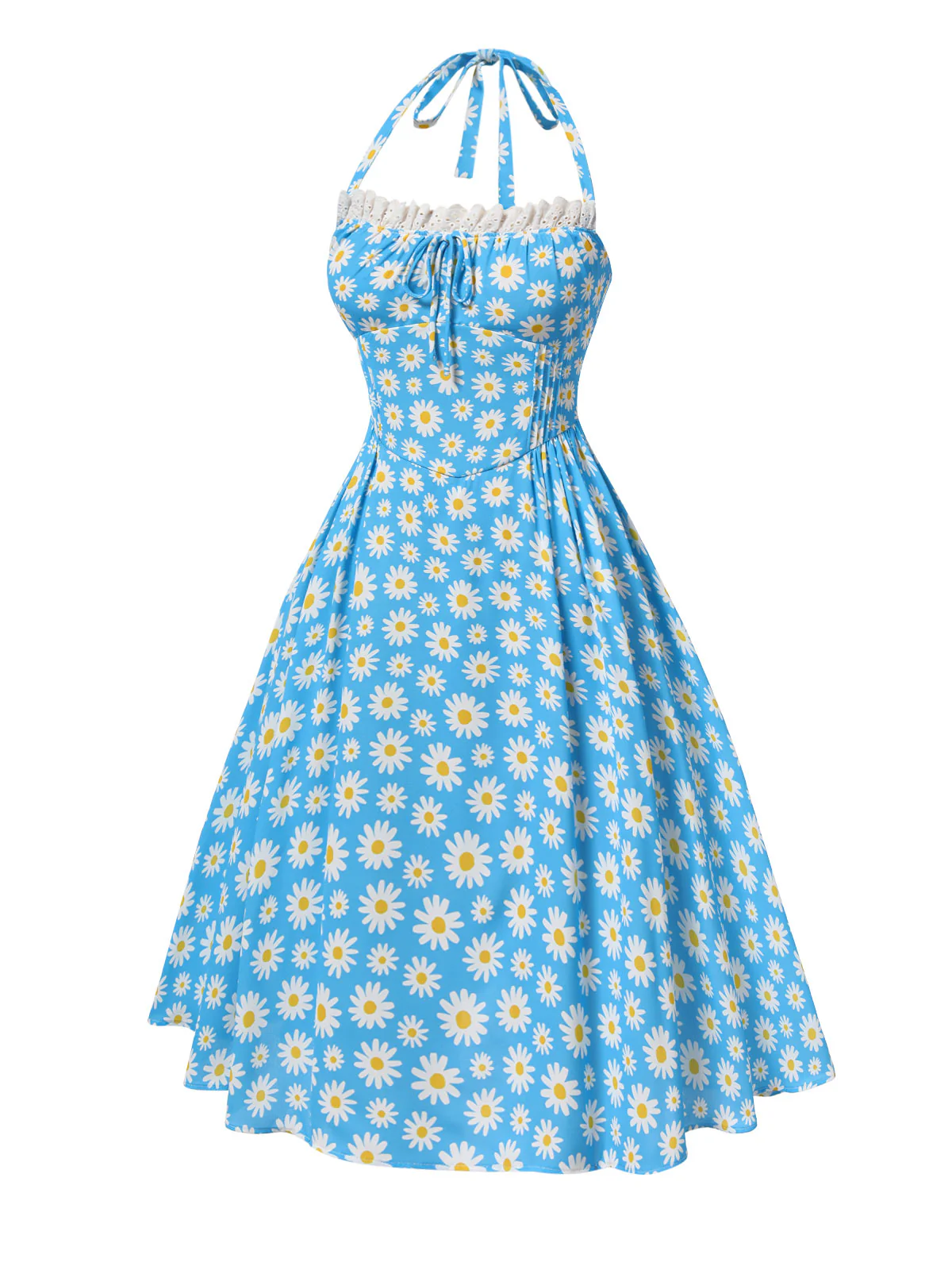Blue 1950s Halter Lace Daisy Dress - Image 5