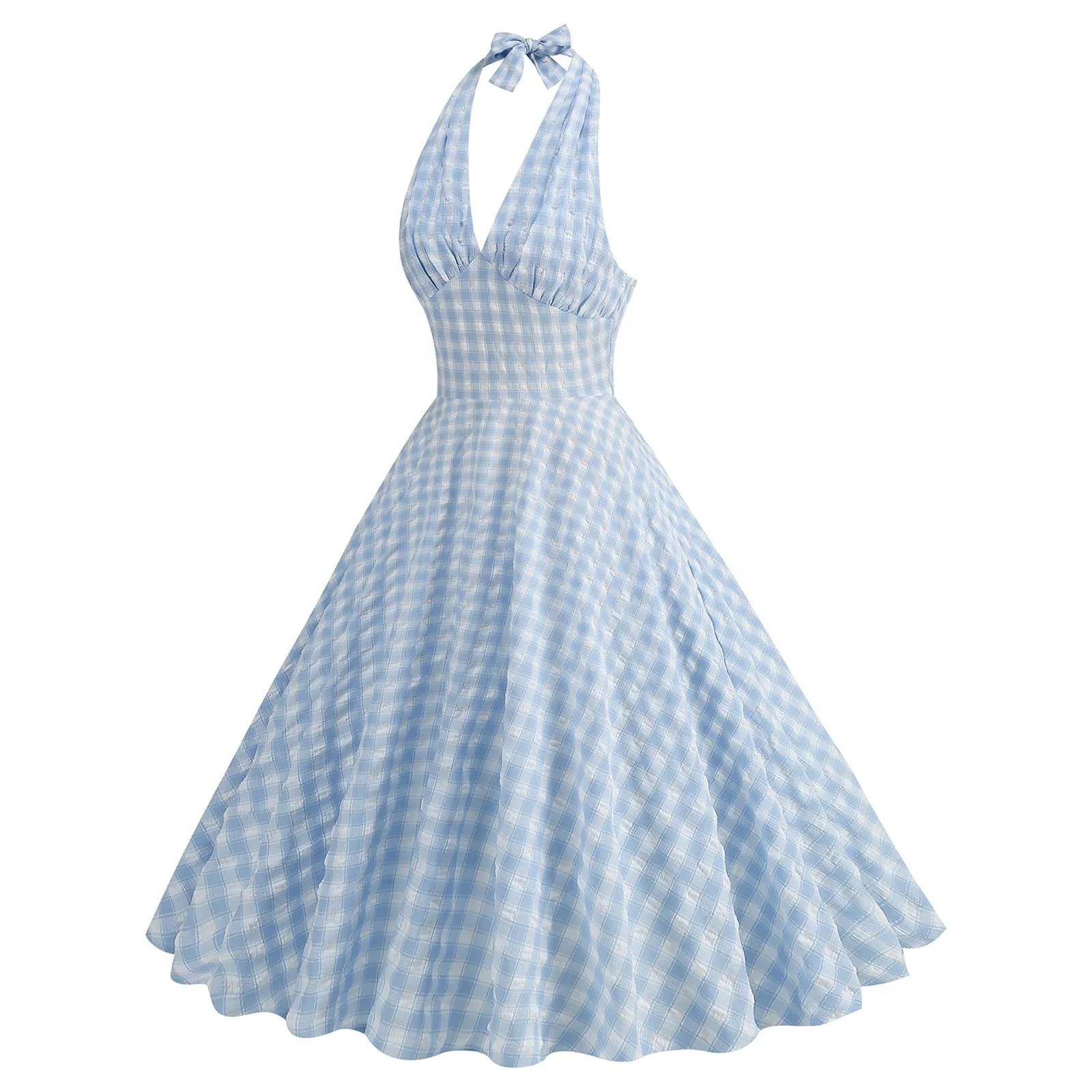 Blue 1950s Halter Plaid Swing Dress - Image 2