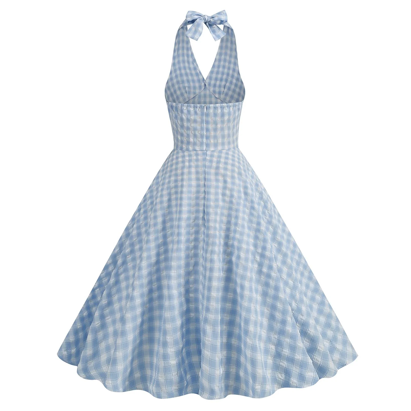 Blue 1950s Halter Plaid Swing Dress - Image 3