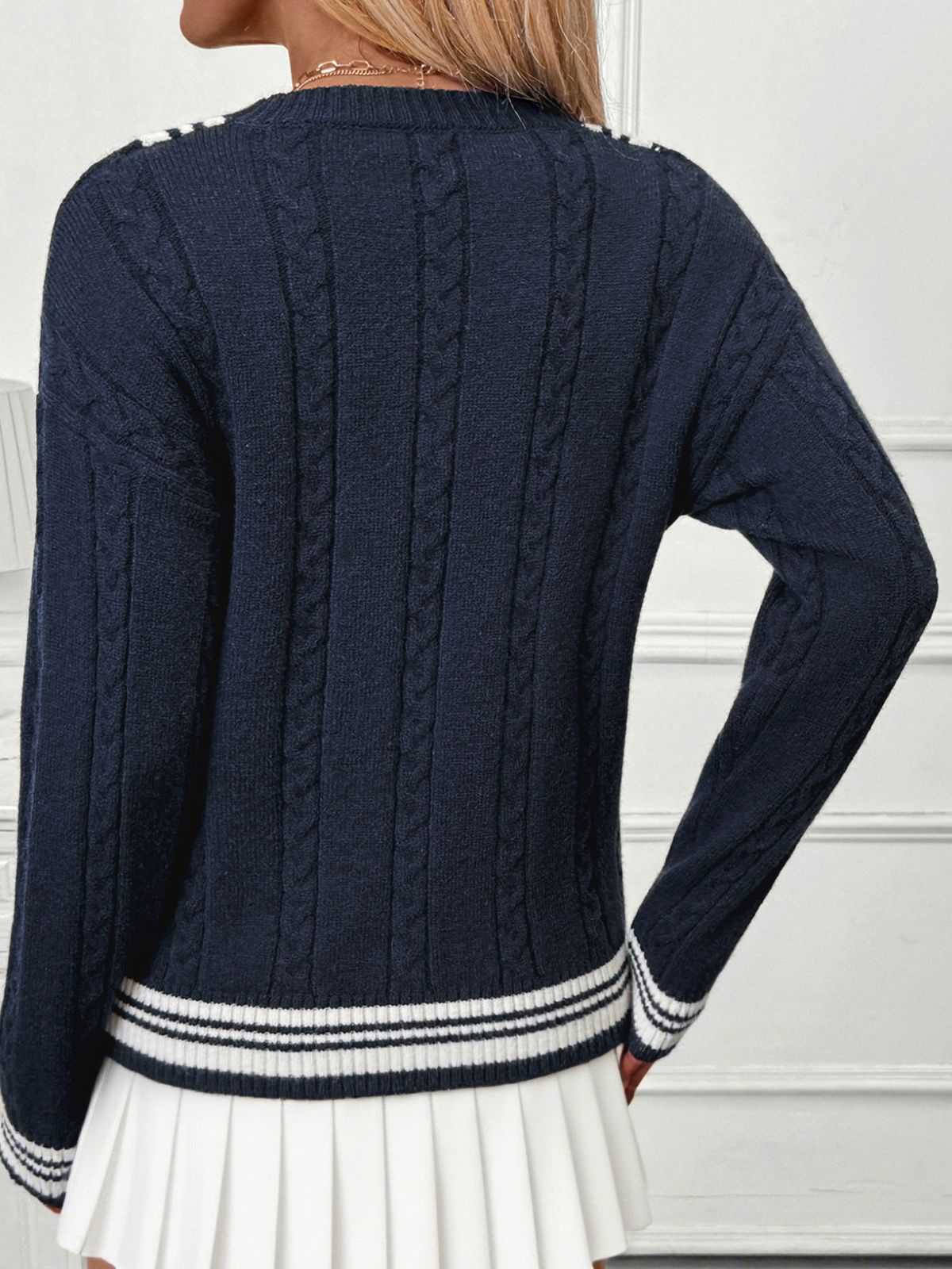 Blue 1950s Nautical Knit V-Neck Striped Sweater - Image 3