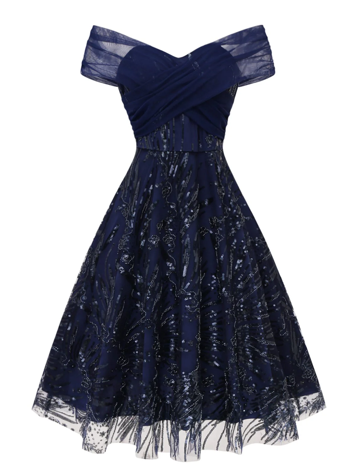 [Pre-Sale] Blue 1950s Off-Shoulder Embroidered Sequin Floral Dress - Image 3