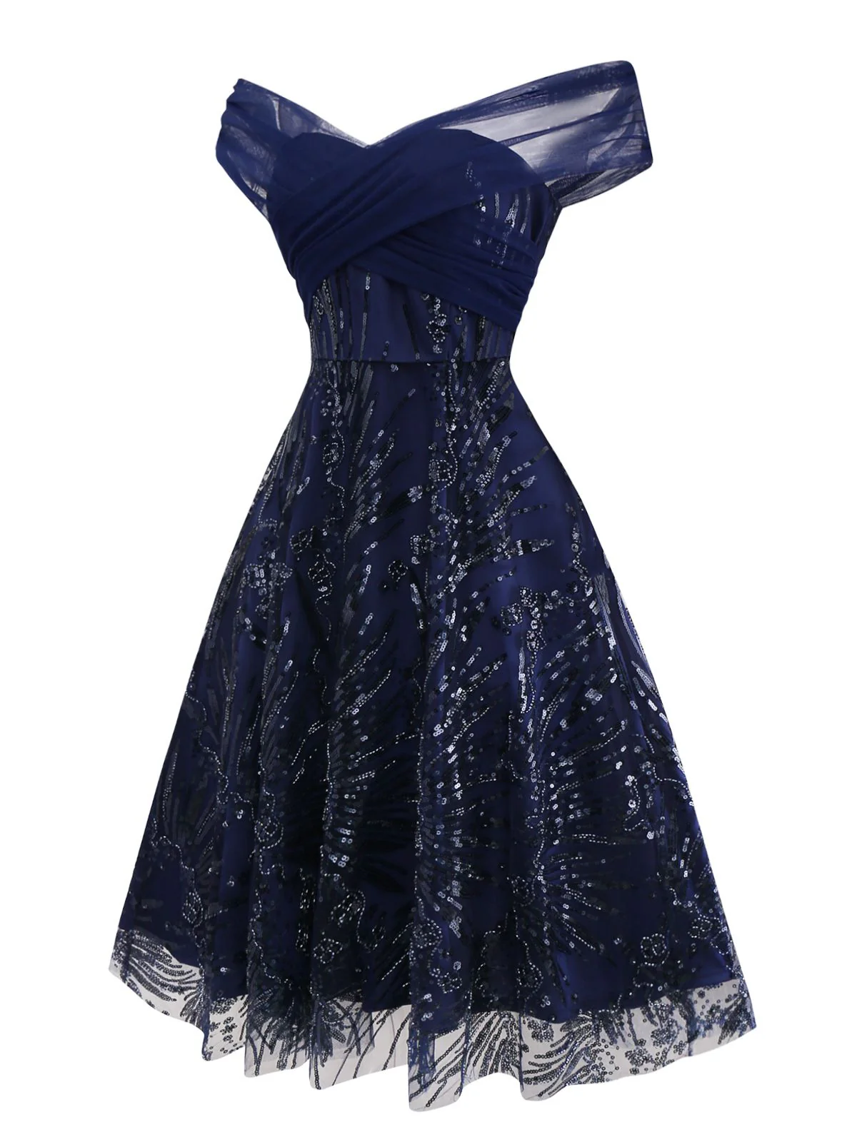 [Pre-Sale] Blue 1950s Off-Shoulder Embroidered Sequin Floral Dress - Image 4