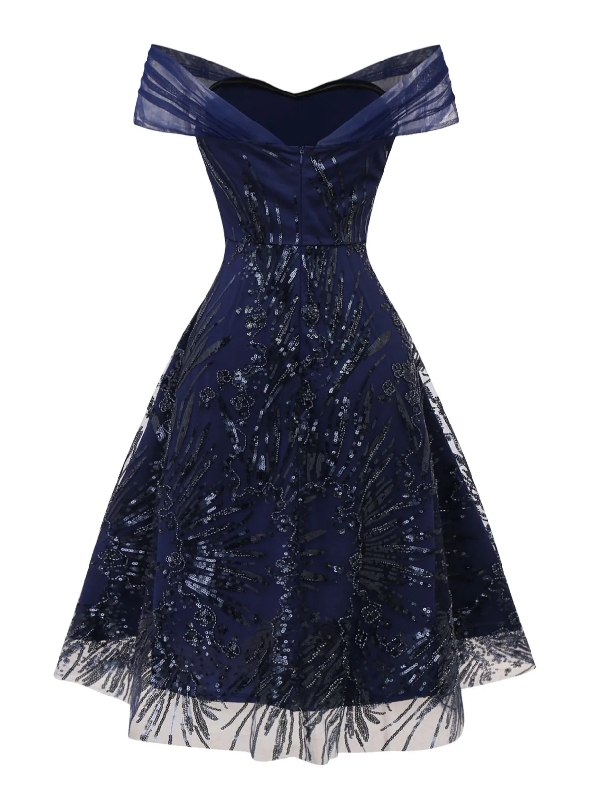[Pre-Sale] Blue 1950s Off-Shoulder Embroidered Sequin Floral Dress - Image 5
