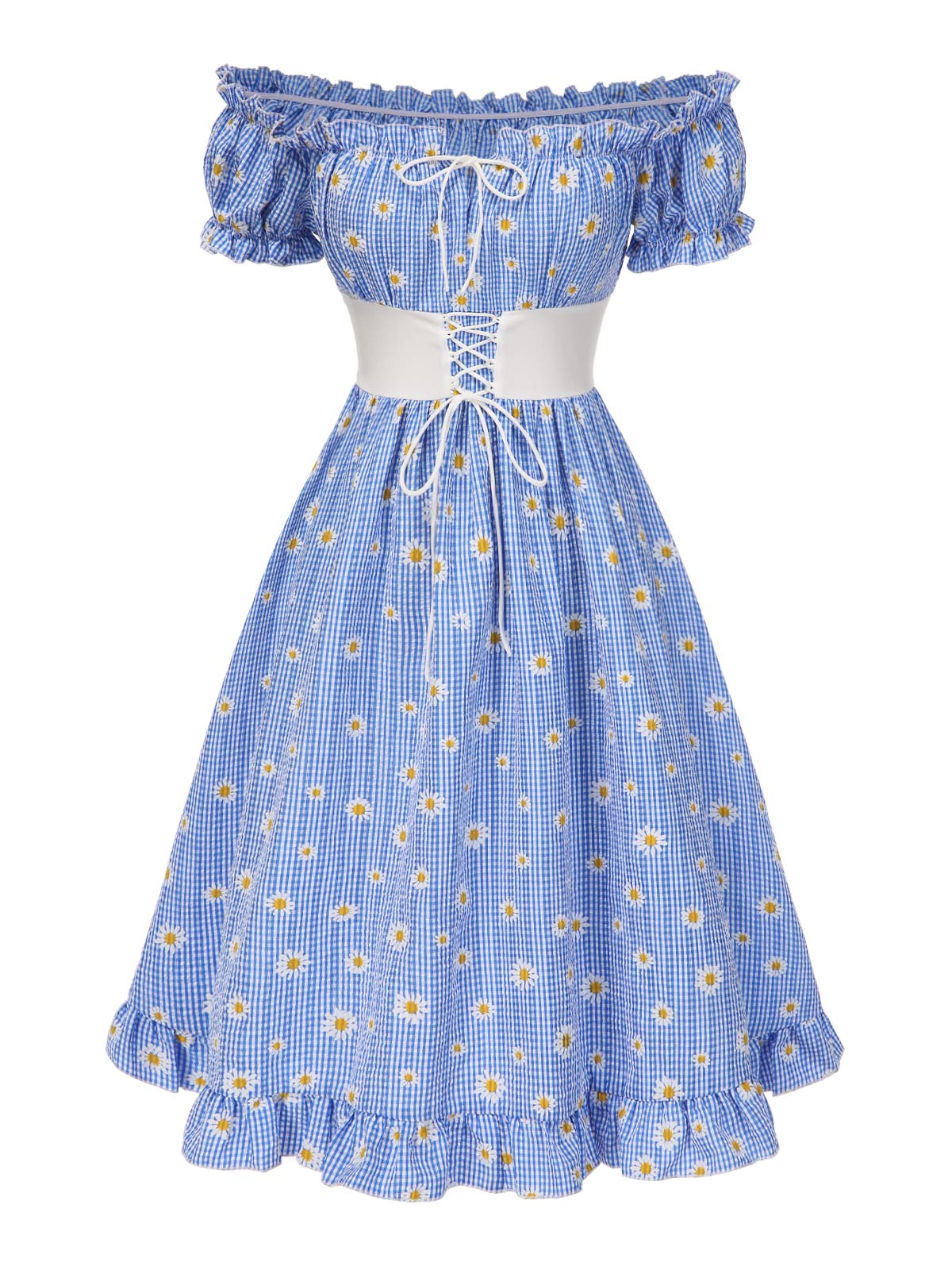 Blue 1950s Off-Shoulder Plaids Daisy Lace-Up Dress - Image 2