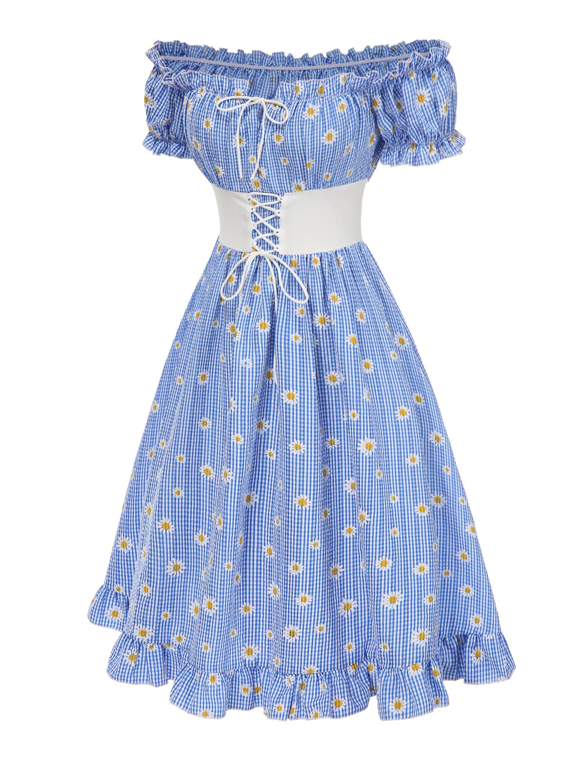 Blue 1950s Off-Shoulder Plaids Daisy Lace-Up Dress - Image 3
