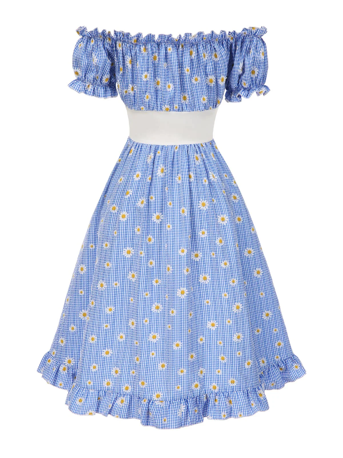 Blue 1950s Off-Shoulder Plaids Daisy Lace-Up Dress - Image 4