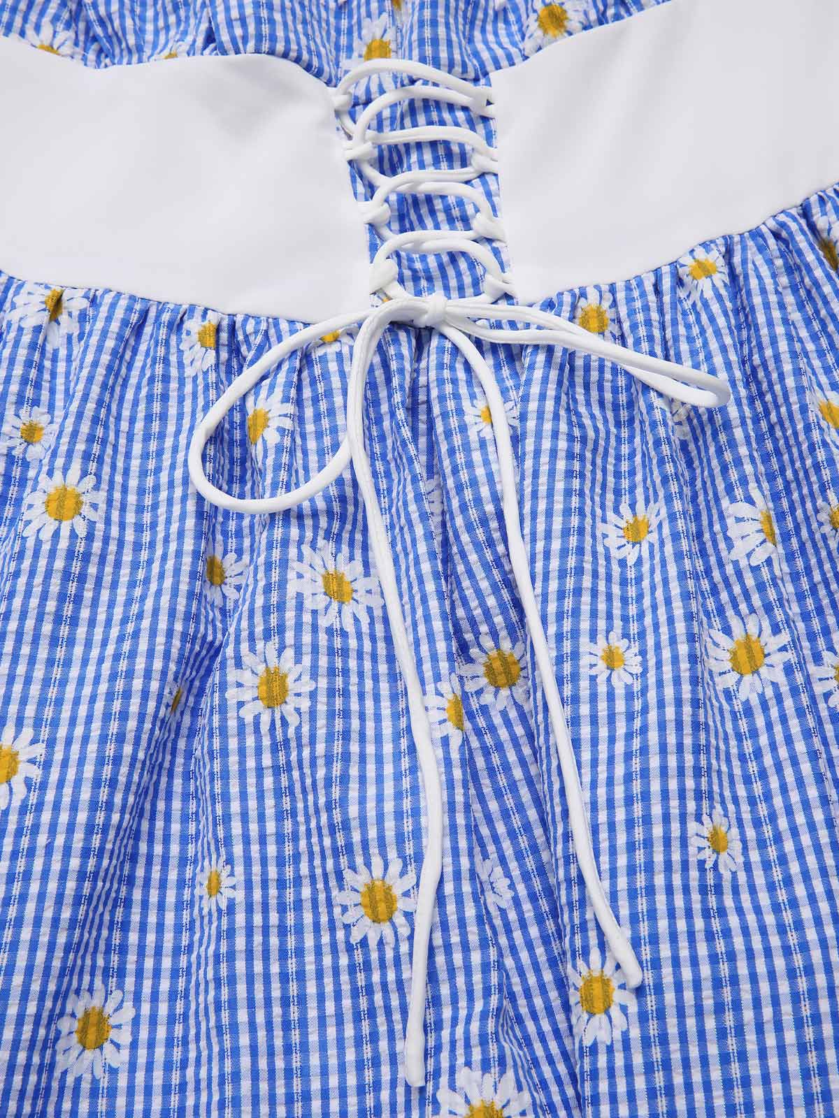 Blue 1950s Off-Shoulder Plaids Daisy Lace-Up Dress - Image 6