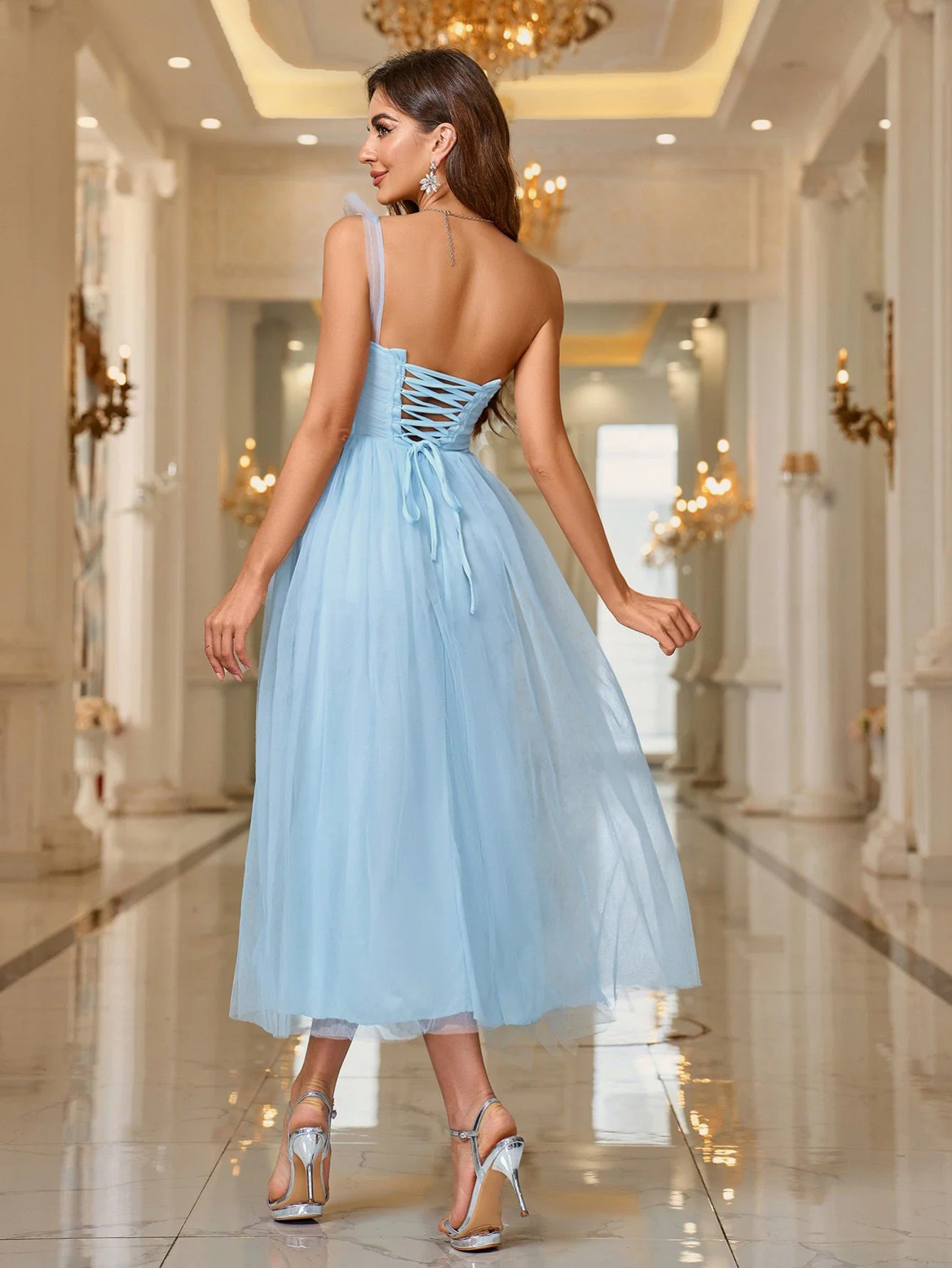 Blue 1950s One-Shoulder Lace-Up Mesh Fishbone Dress - Image 3