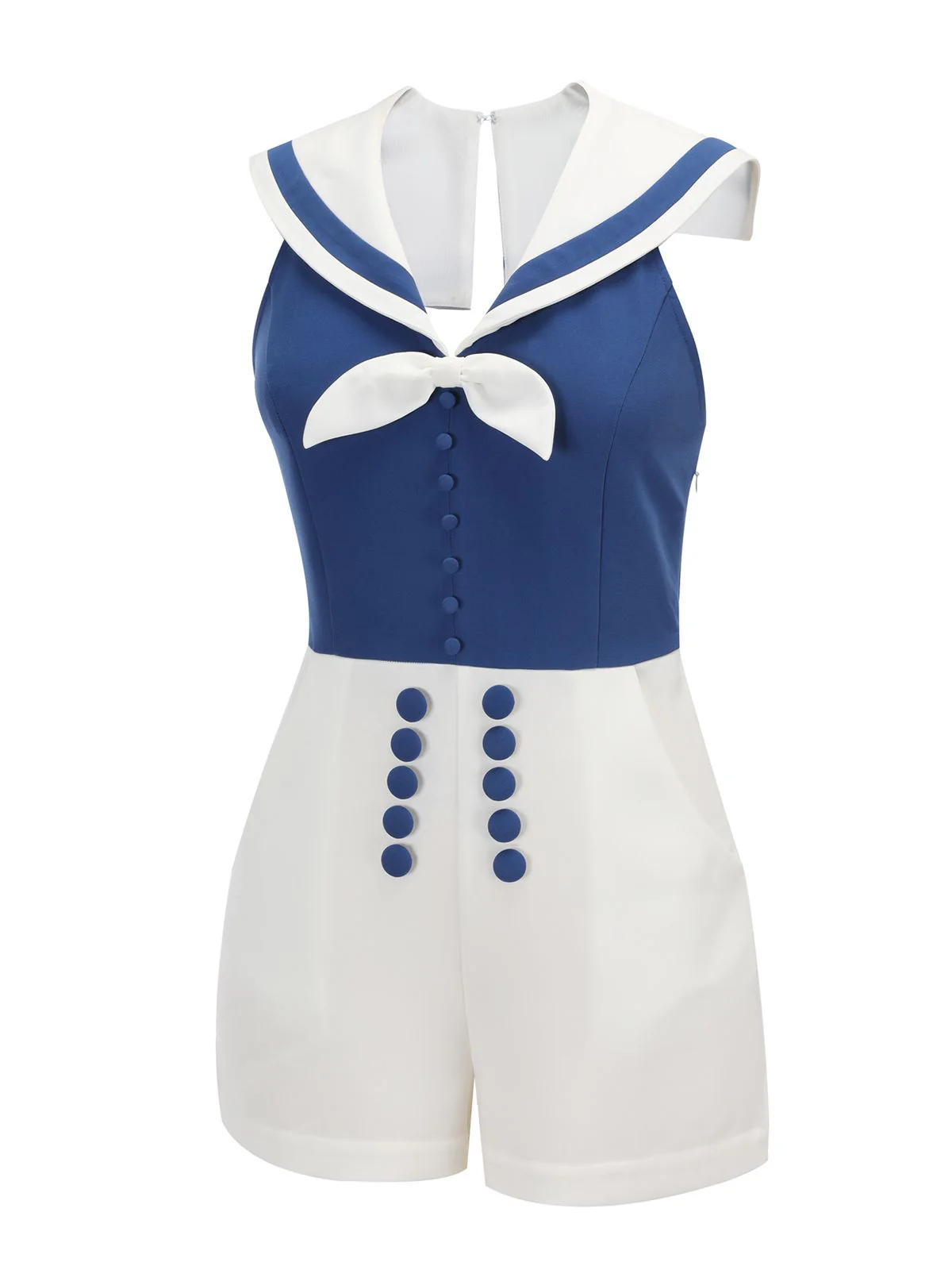 Blue 1950s Patchwork Halter Navy Romper - Image 3