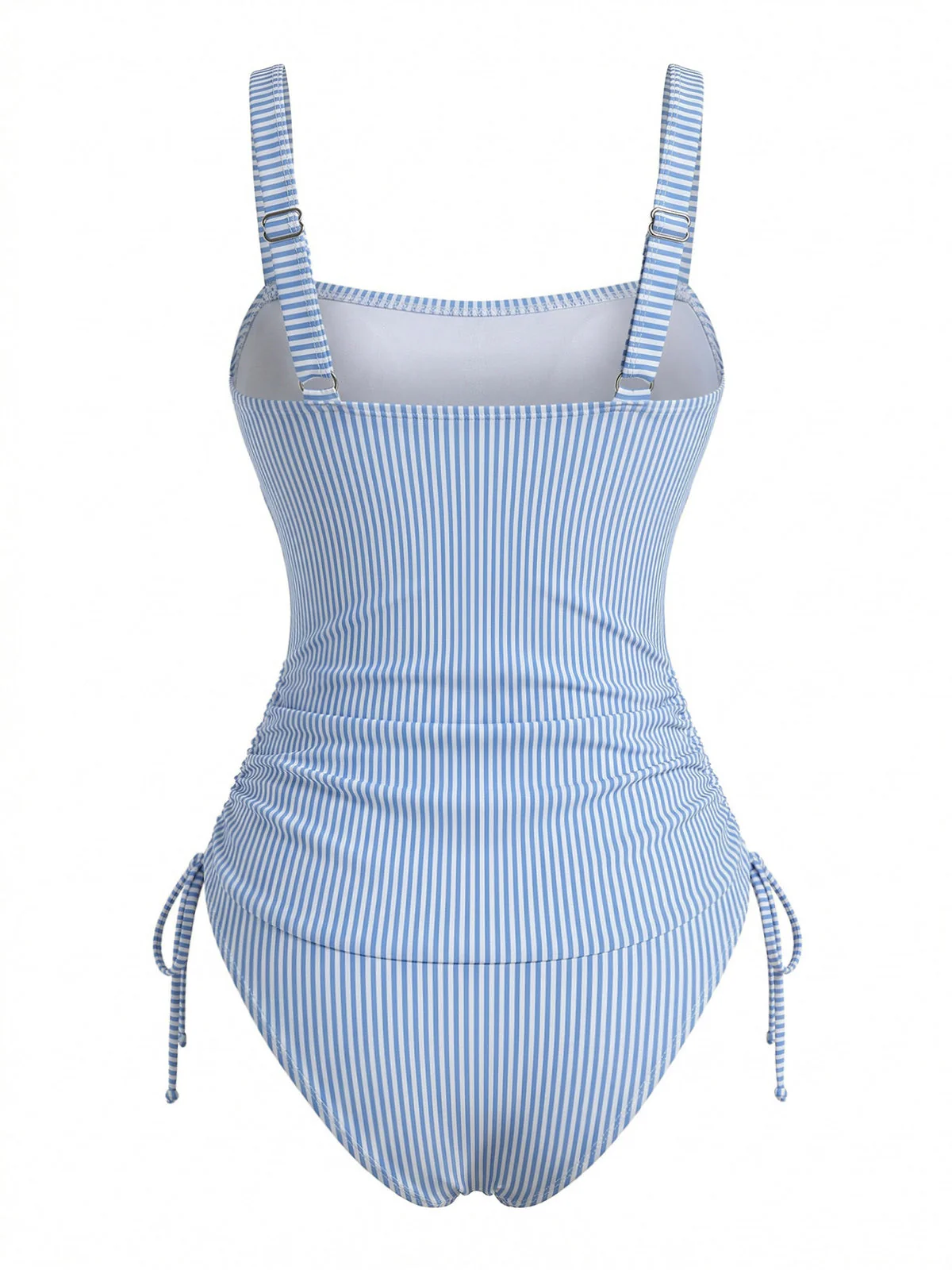 Blue 1950s Pinstripe Ruched Drawstring Tankini Set - Image 3