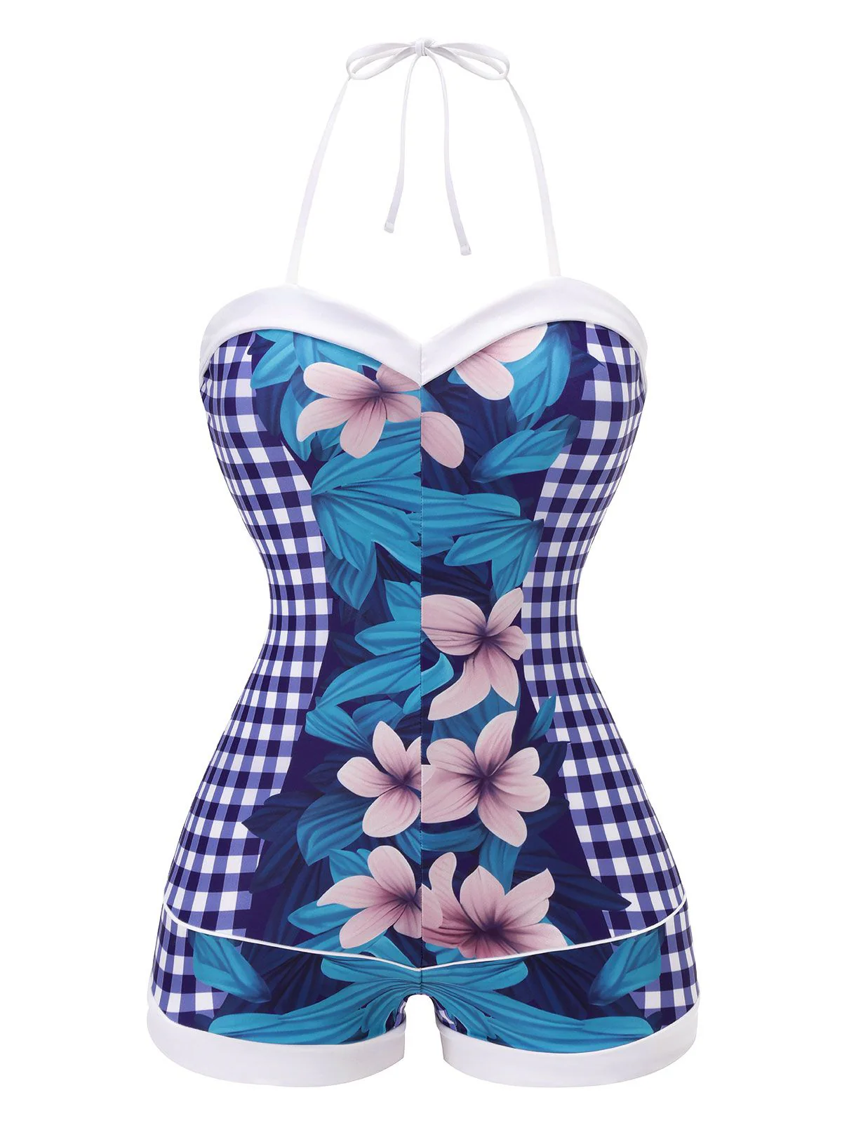 Blue 1950s Plaid Floral Swimsuit - Image 2