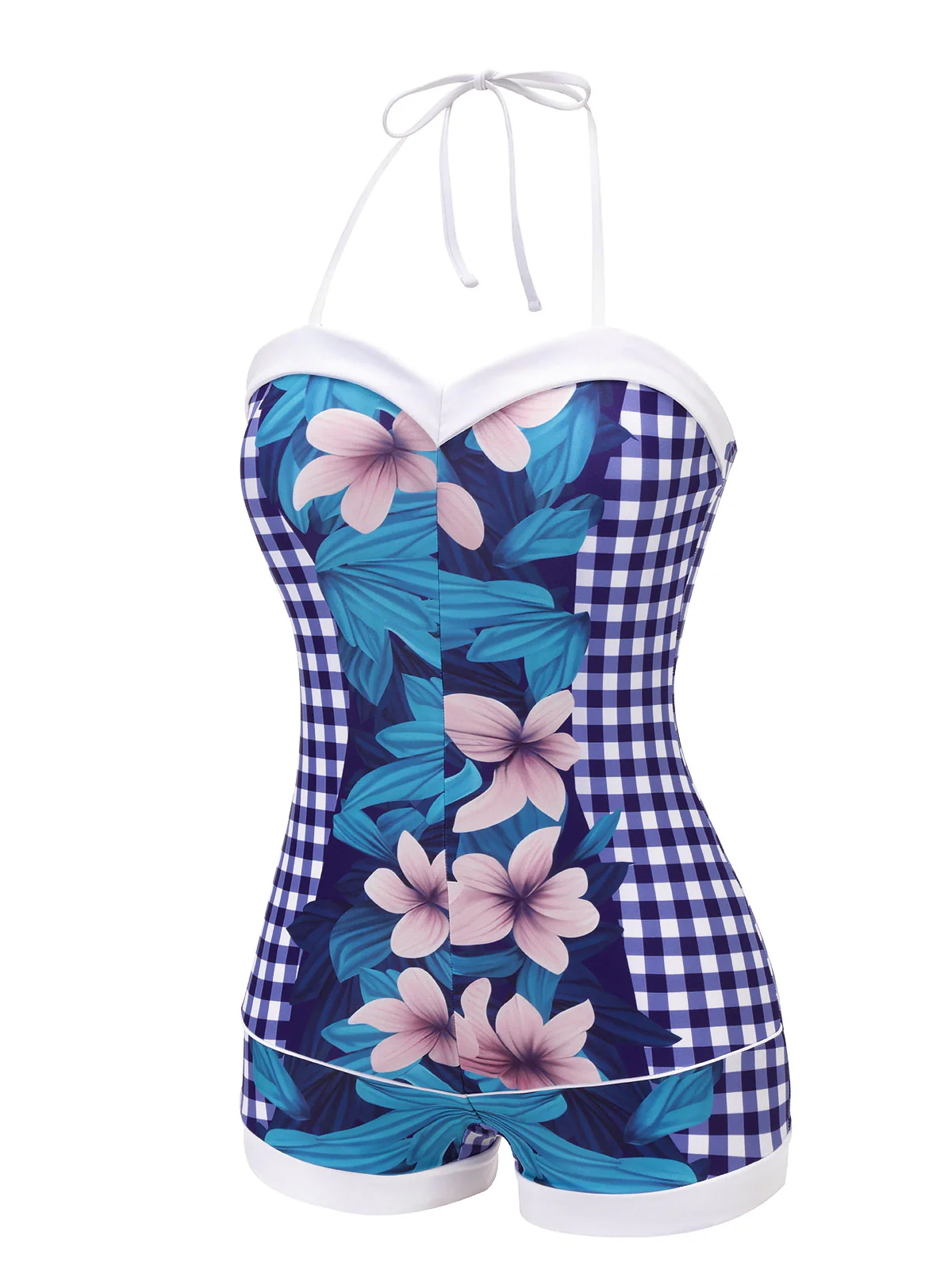 Blue 1950s Plaid Floral Swimsuit - Image 3