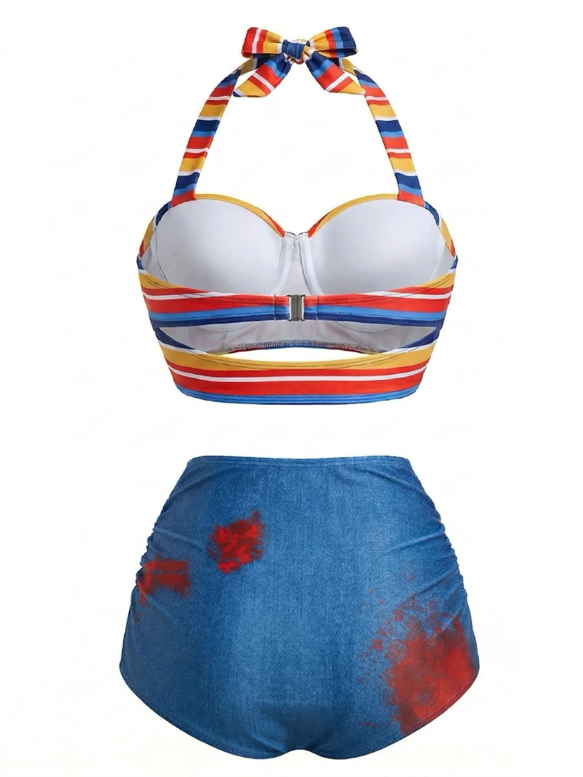 [Pre-Sale] Blue 1950s Rainbow Stripe Lace-Up Halter Swimsuit - Image 2