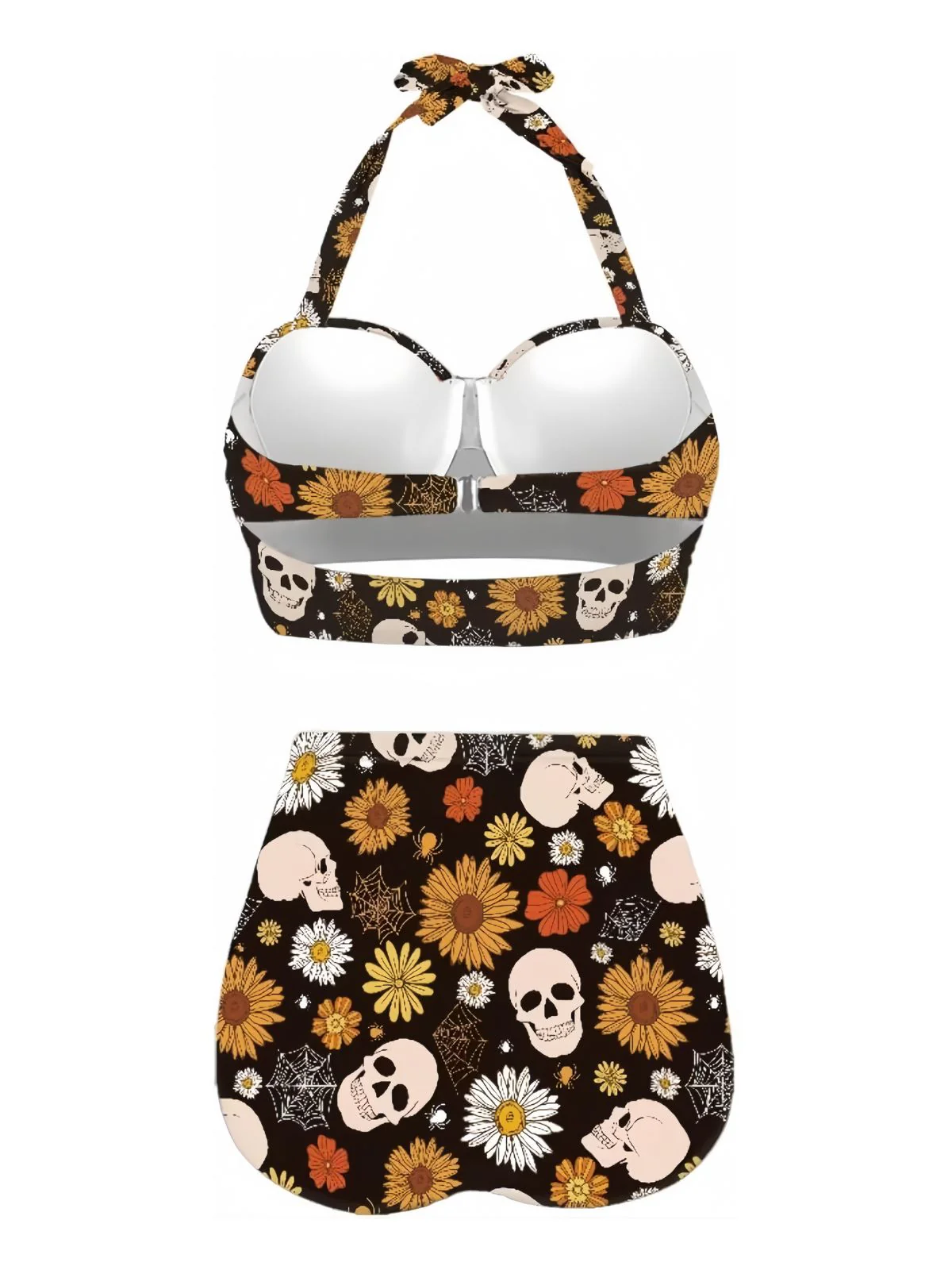 Black 1950s Floral Print Lace-Up Halter Swimsuit - Image 2