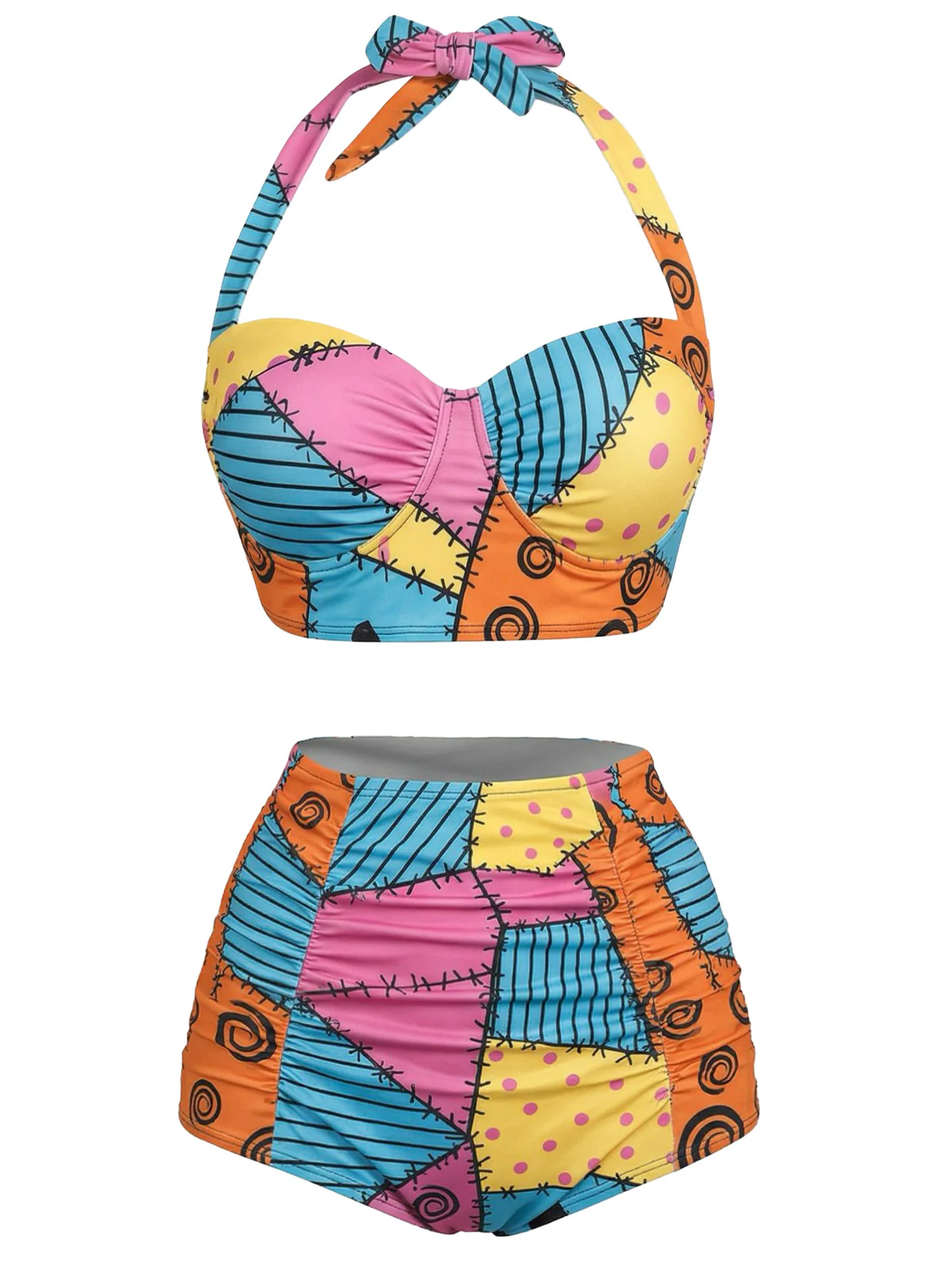 Black 1950s Floral Print Lace-Up Halter Swimsuit - Image 5